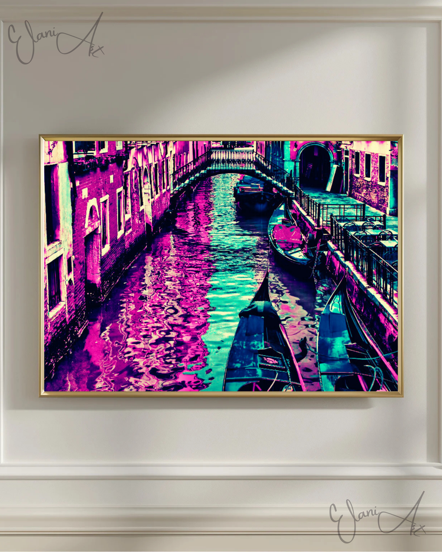 THE RIDE - An Original Vibrant Purple Blue Colorful Boats Gondola Docked in Canal Waterscape Impressionistic Wall Artwork Print by ElaniArt
