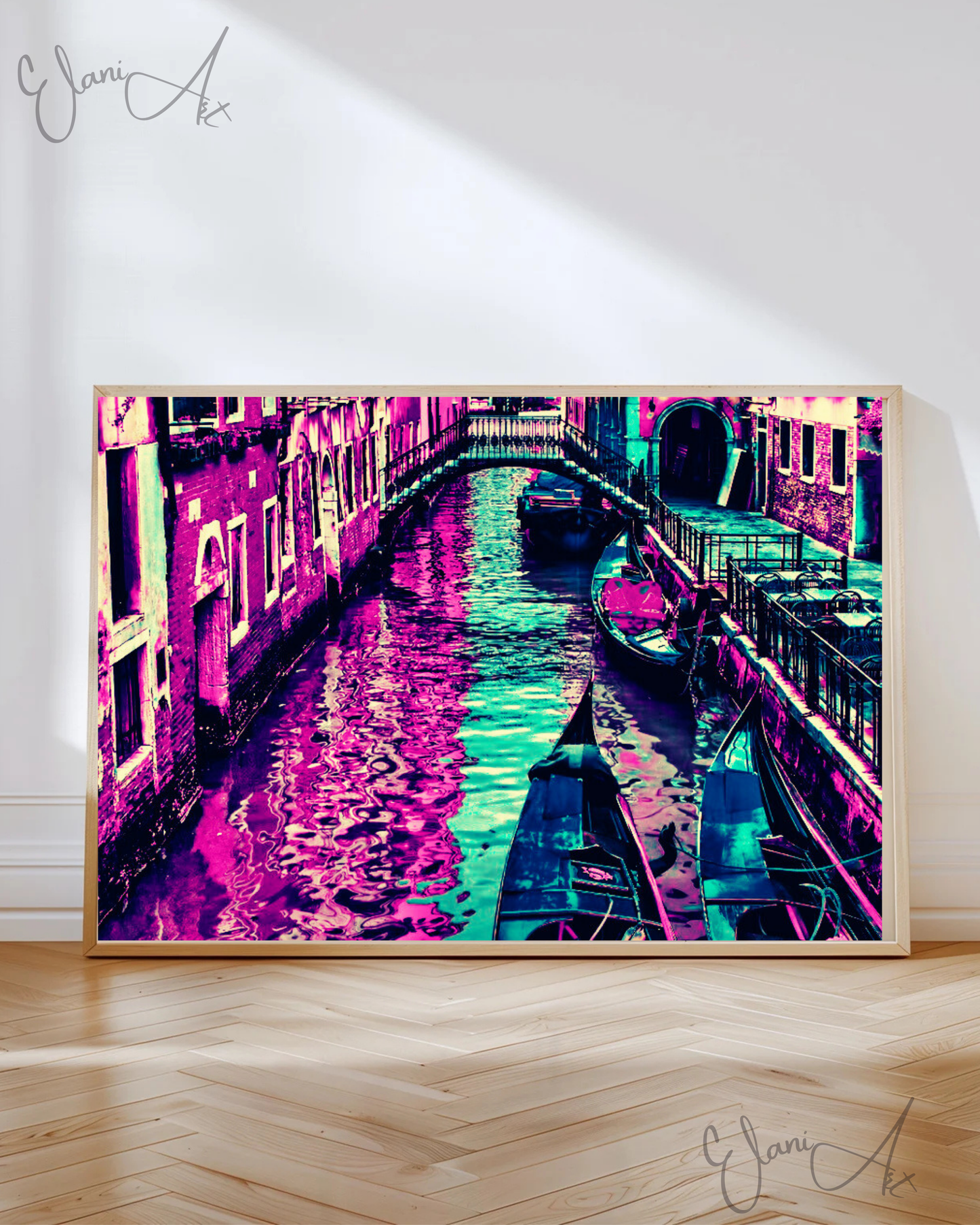 THE RIDE - An Original Vibrant Purple Blue Colorful Boats Gondola Docked in Canal Waterscape Impressionistic Wall Artwork Print by ElaniArt