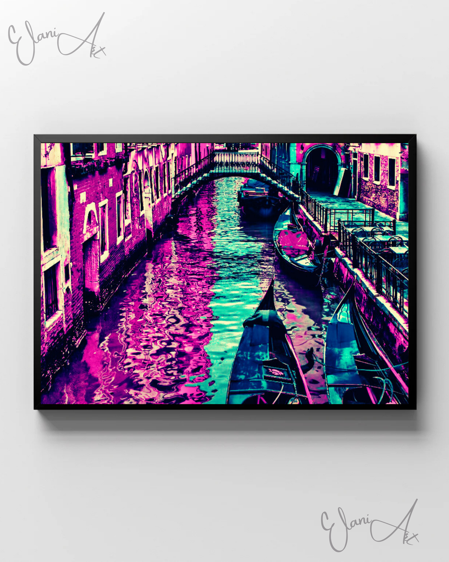 THE RIDE - An Original Vibrant Purple Blue Colorful Boats Gondola Docked in Canal Waterscape Impressionistic Wall Artwork Print by ElaniArt