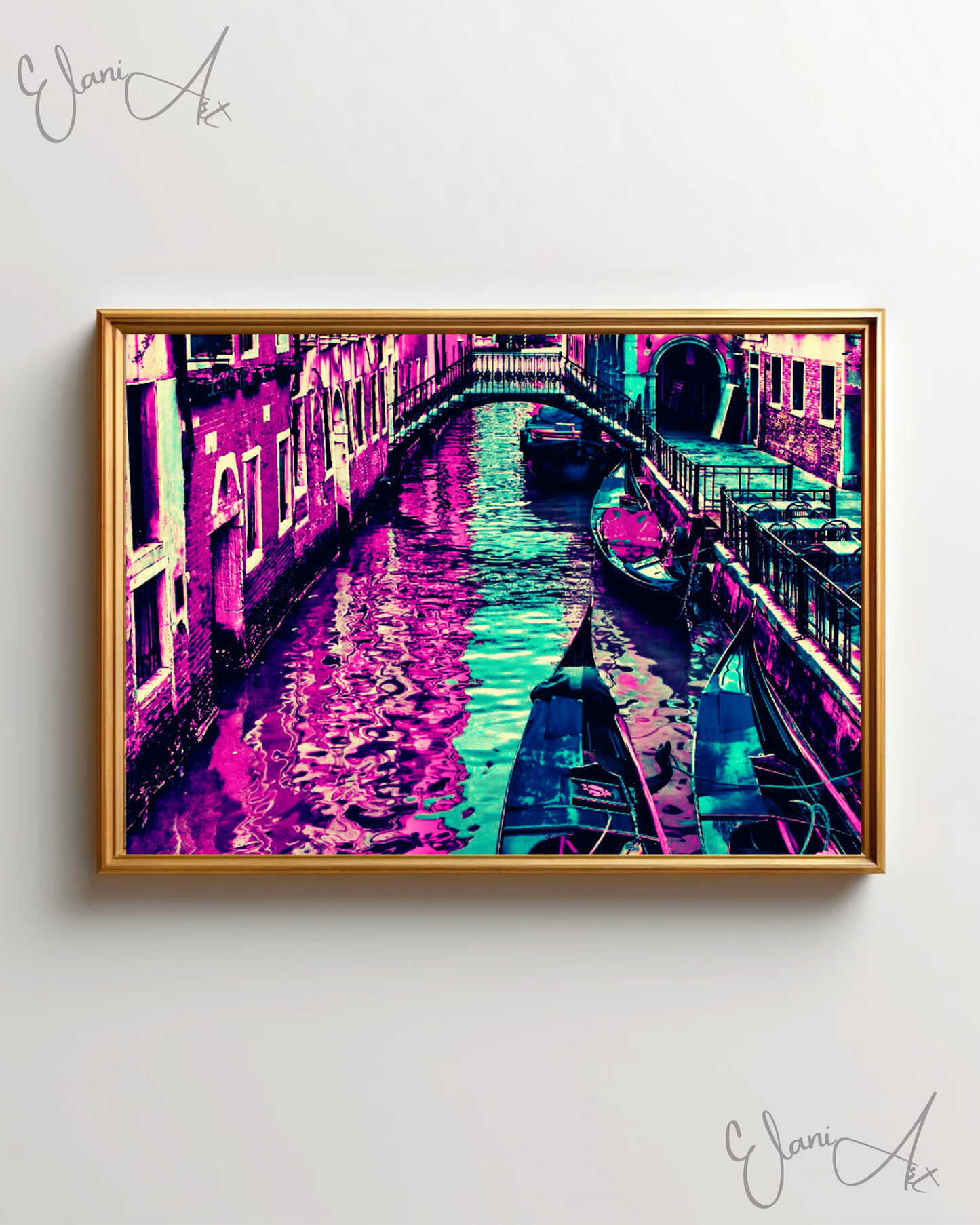 THE RIDE - An Original Vibrant Purple Blue Colorful Boats Gondola Docked in Canal Waterscape Impressionistic Wall Artwork Print by ElaniArt
