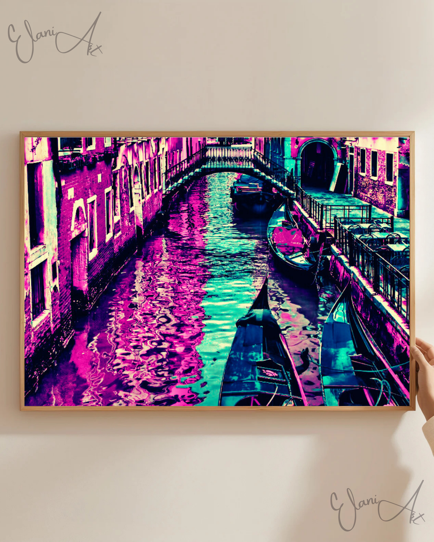 THE RIDE - An Original Vibrant Purple Blue Colorful Boats Gondola Docked in Canal Waterscape Impressionistic Wall Artwork Print by ElaniArt