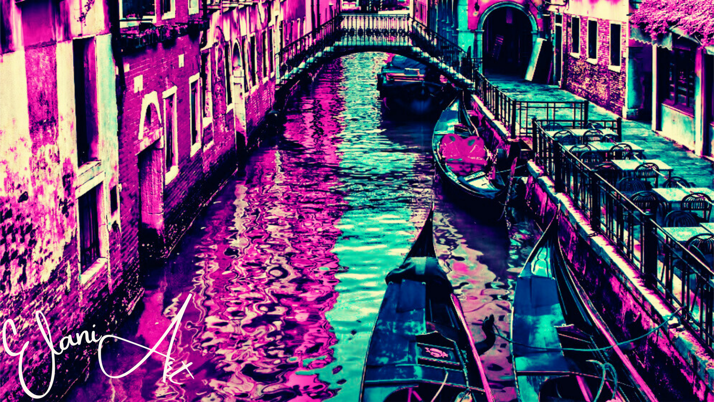 THE RIDE - An Original Vibrant Purple Blue Colorful Boats Gondola Docked in Canal Waterscape Impressionistic Wall Artwork Print by ElaniArt