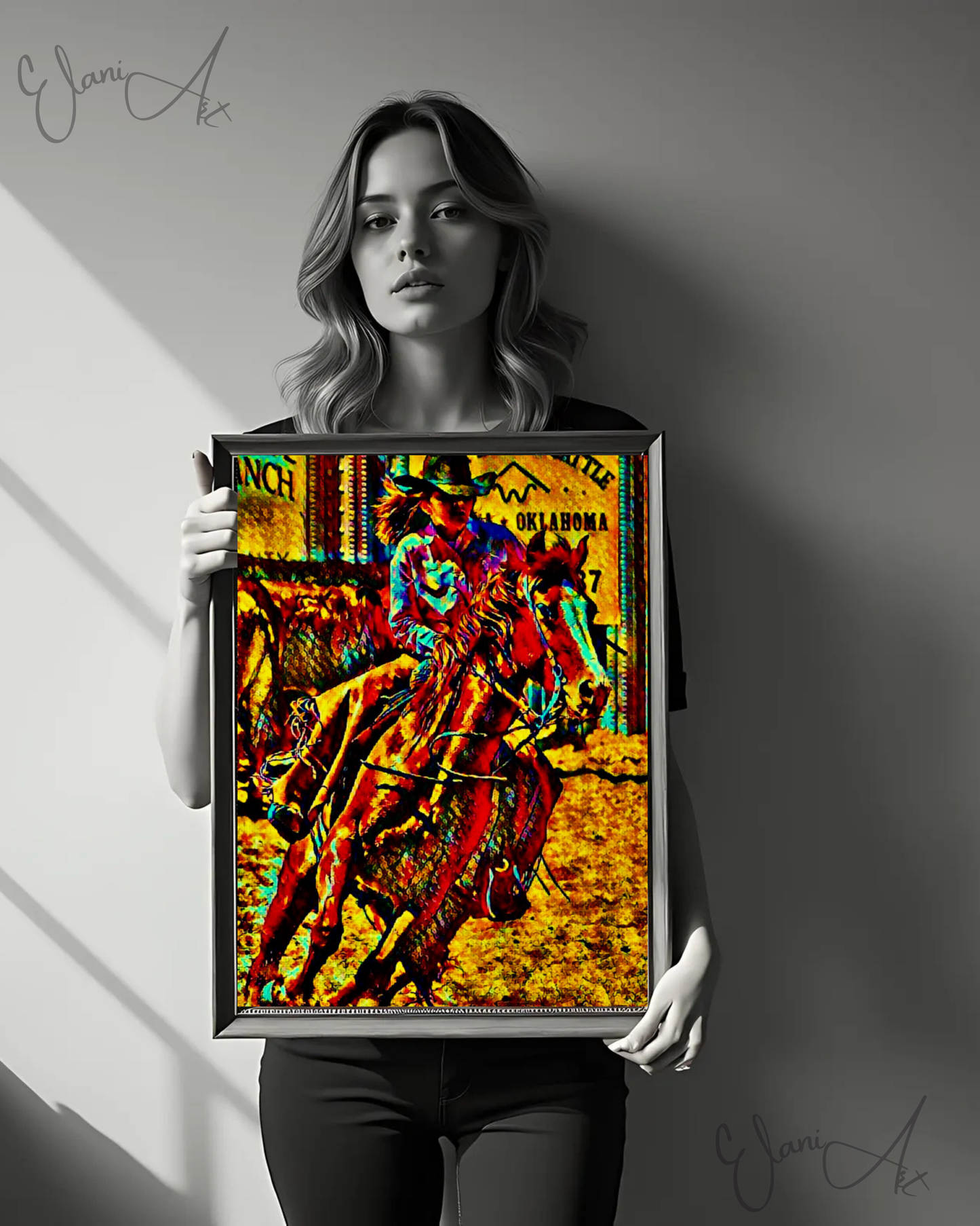 THE RIDER - An Original Vibrant Golden Brown Woman Rider and a Horse Cowgirl Rodeo Equestrian Sport Horseback Wall Artwork Print by ElaniArt