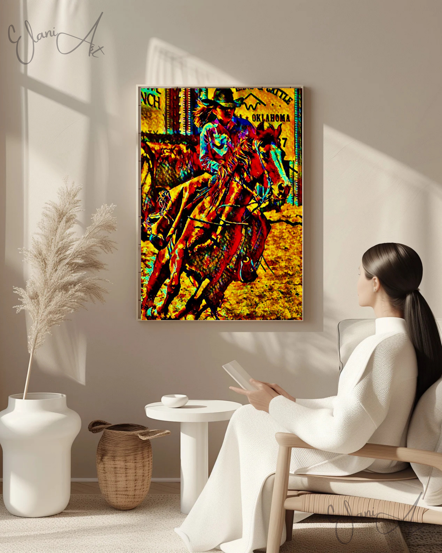 THE RIDER - An Original Vibrant Golden Brown Woman Rider and a Horse Cowgirl Rodeo Equestrian Sport Horseback Wall Artwork Print by ElaniArt