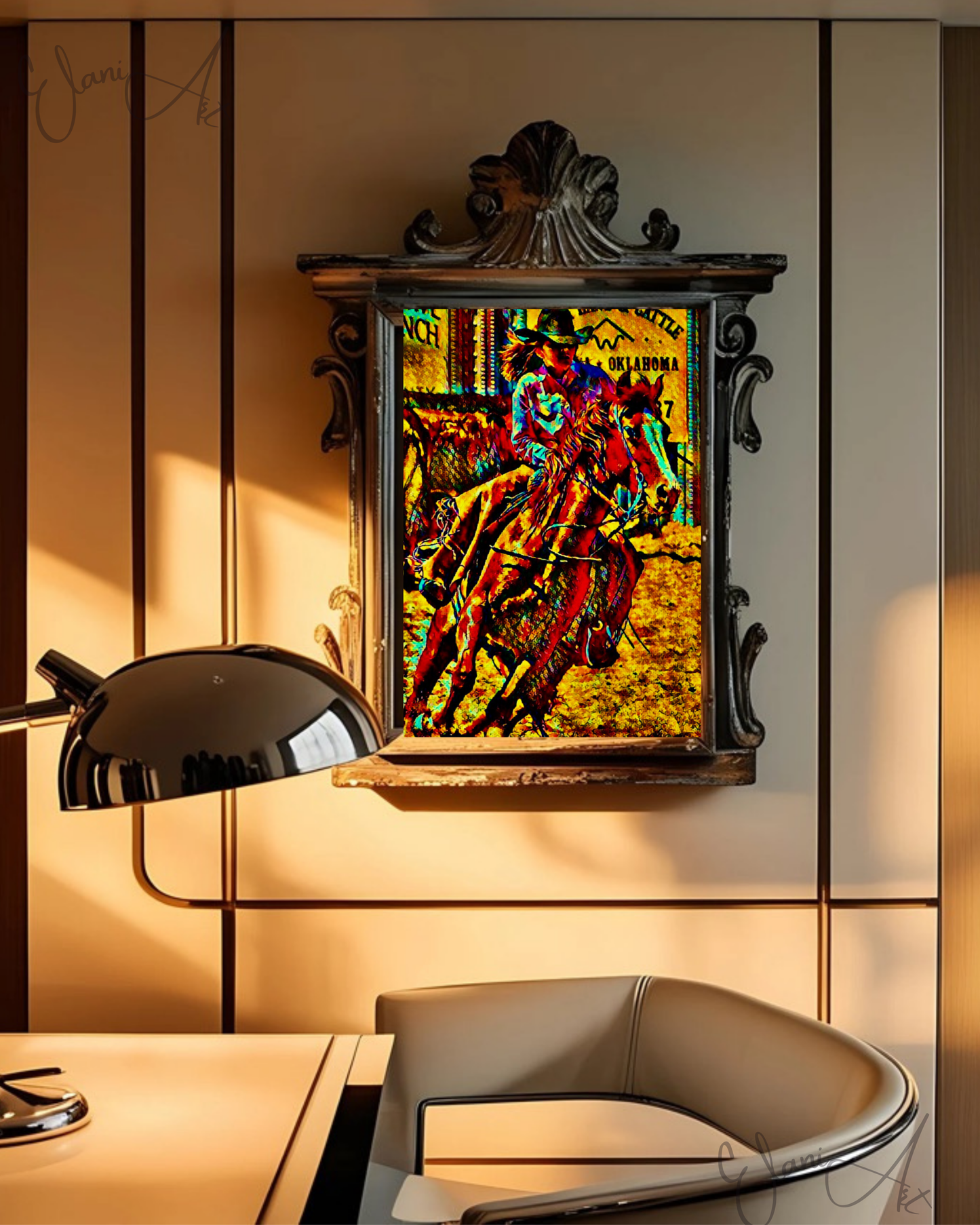 THE RIDER - An Original Vibrant Golden Brown Woman Rider and a Horse Cowgirl Rodeo Equestrian Sport Horseback Wall Artwork Print by ElaniArt