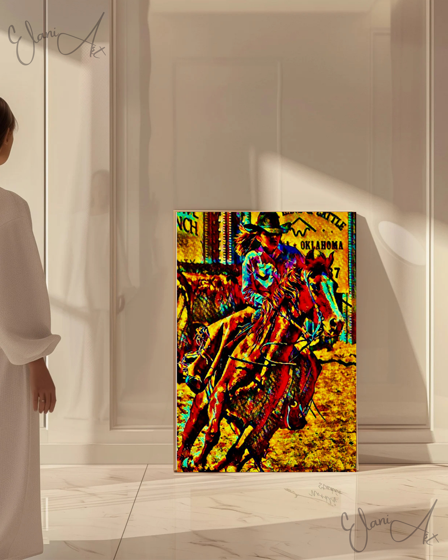 THE RIDER - An Original Vibrant Golden Brown Woman Rider and a Horse Cowgirl Rodeo Equestrian Sport Horseback Wall Artwork Print by ElaniArt