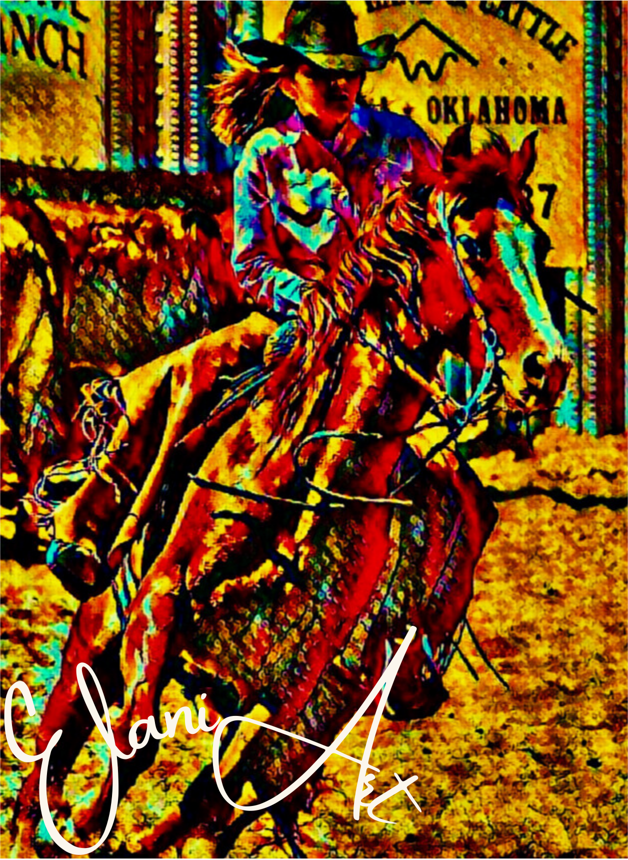 THE RIDER - An Original Vibrant Golden Brown Woman Rider and a Horse Cowgirl Rodeo Equestrian Sport Horseback Wall Artwork Print by ElaniArt