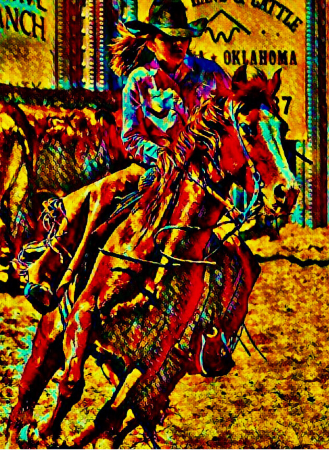 THE RIDER - An Original Vibrant Golden Brown Woman Rider and a Horse Cowgirl Rodeo Equestrian Sport Horseback Wall Artwork Print by ElaniArt