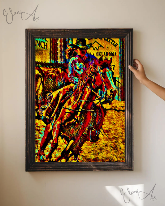 THE RIDER - An Original Vibrant Golden Brown Woman Rider and a Horse Cowgirl Rodeo Equestrian Sport Horseback Wall Artwork Print by ElaniArt