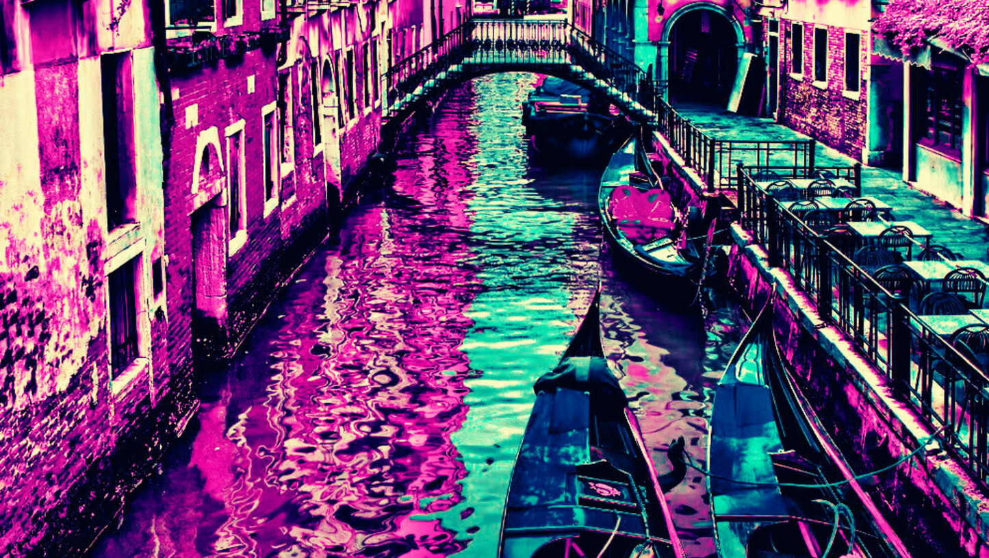 THE RIDE - An Original Vibrant Purple Blue Colorful Boats Gondola Docked in Canal Waterscape Impressionistic Wall Artwork Print by ElaniArt