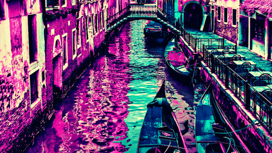 THE RIDE - An Original Vibrant Purple Blue Colorful Boats Gondola Docked in Canal Waterscape Impressionistic Wall Artwork Print by ElaniArt