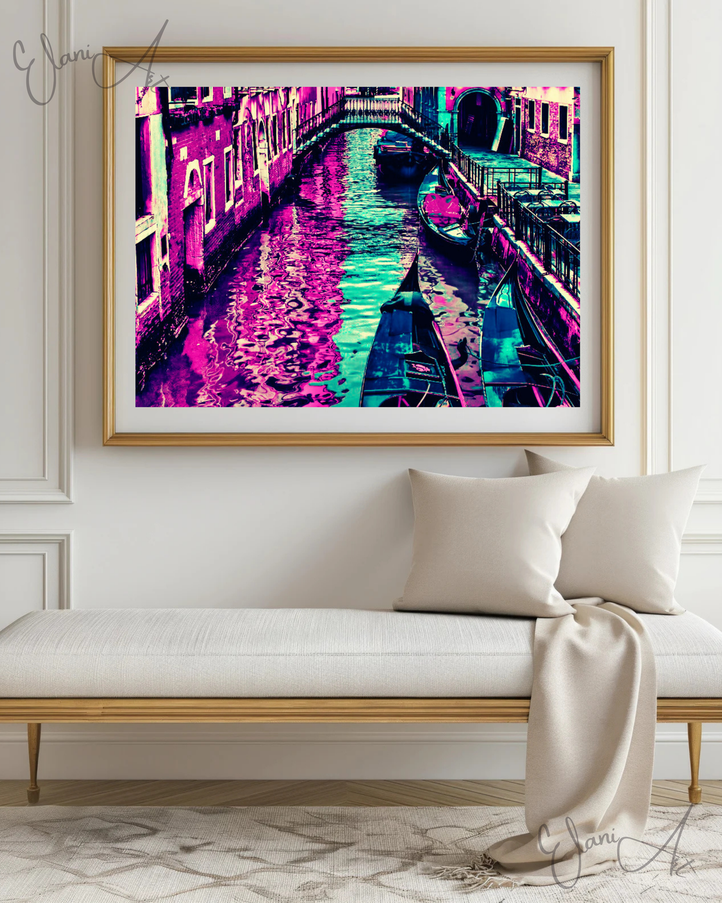 THE RIDE - An Original Vibrant Purple Blue Colorful Boats Gondola Docked in Canal Waterscape Impressionistic Wall Artwork Print by ElaniArt
