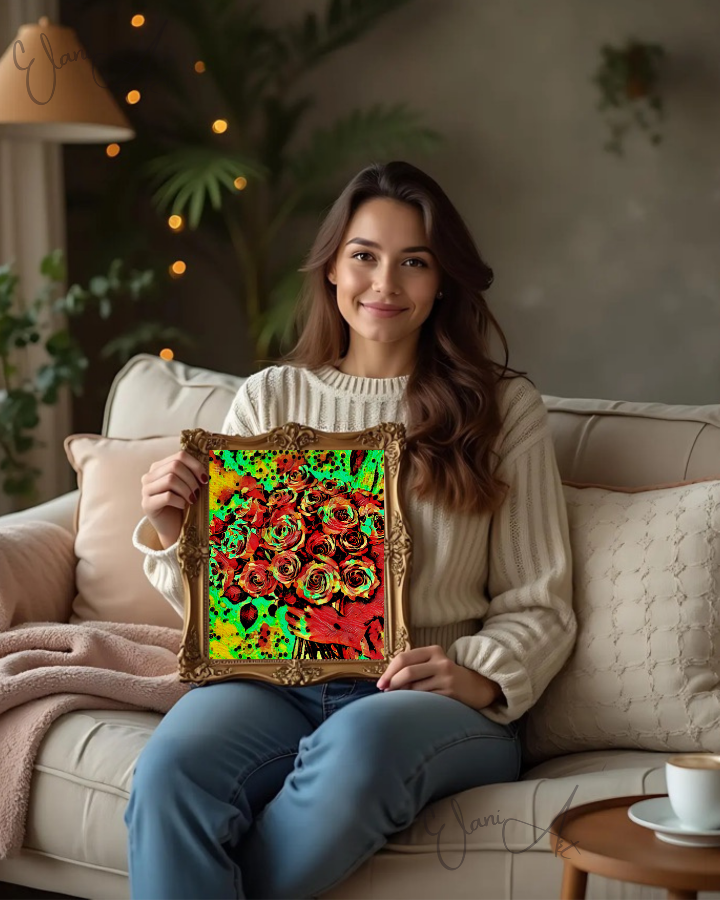 THE ROSES - An Original Vibrant Red Green Colorful Woman Holding Bouquet of Roses Flowers Floral Impressionistic Artwork Print by ElaniArt