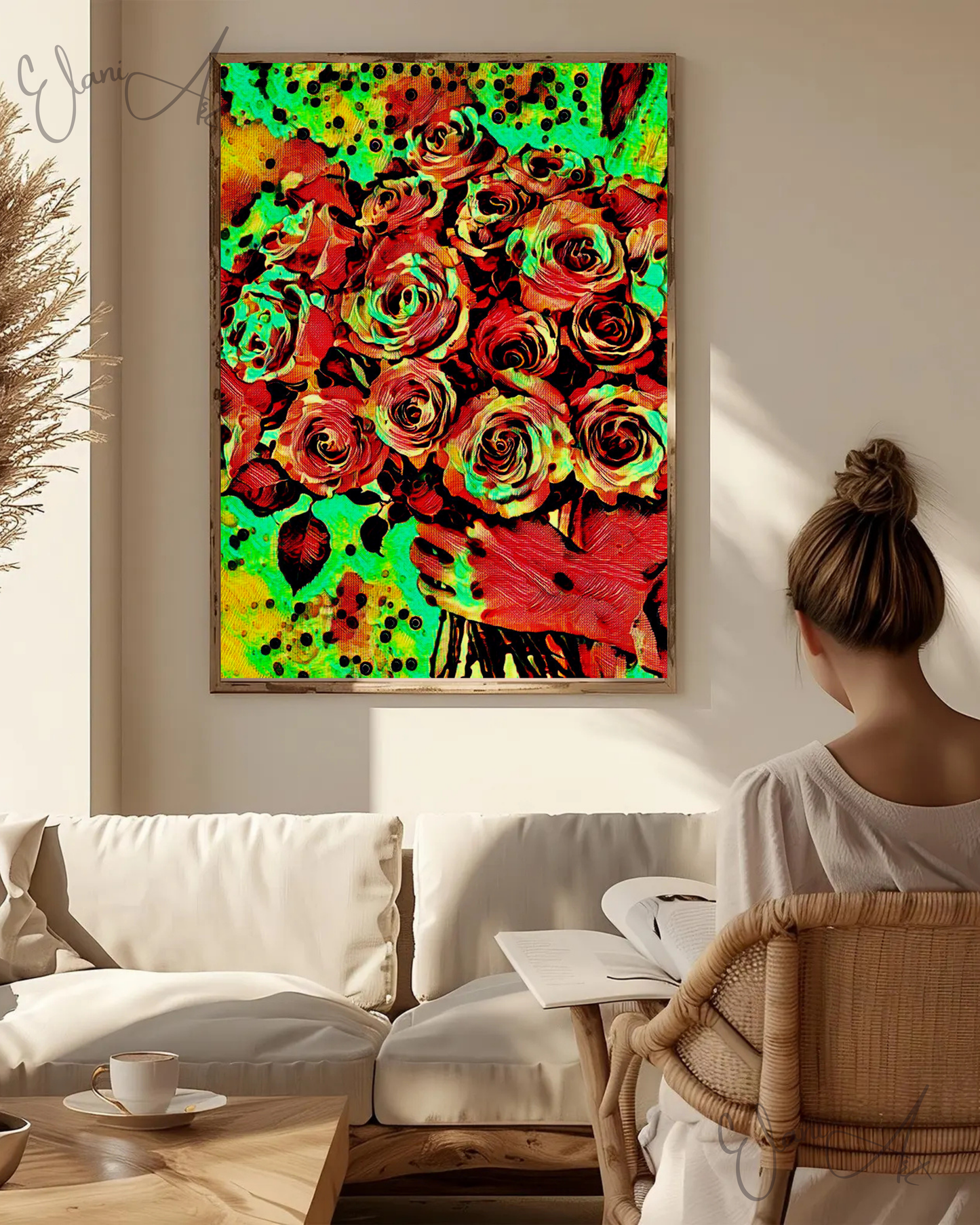 THE ROSES - An Original Vibrant Red Green Colorful Woman Holding Bouquet of Roses Flowers Floral Impressionistic Artwork Print by ElaniArt
