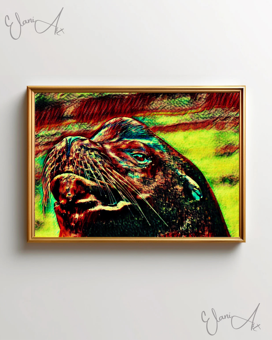 THE SEA LION - An Original Vivid Red Yellow Sea Lion Pinniped Whiskers Marine Mammal Portrait Impressionistic Wall Artwork Print by ElaniArt