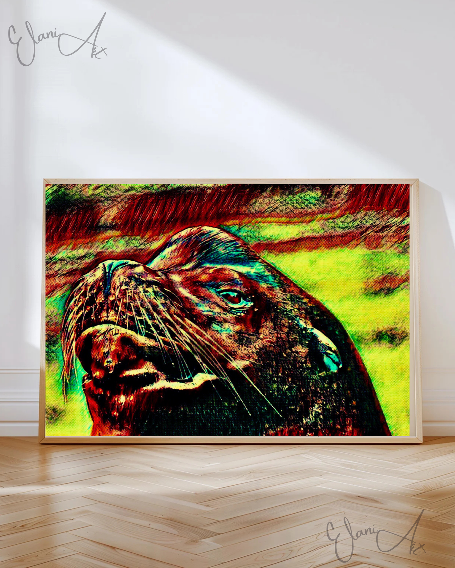 THE SEA LION - An Original Vivid Red Yellow Sea Lion Pinniped Whiskers Marine Mammal Portrait Impressionistic Wall Artwork Print by ElaniArt
