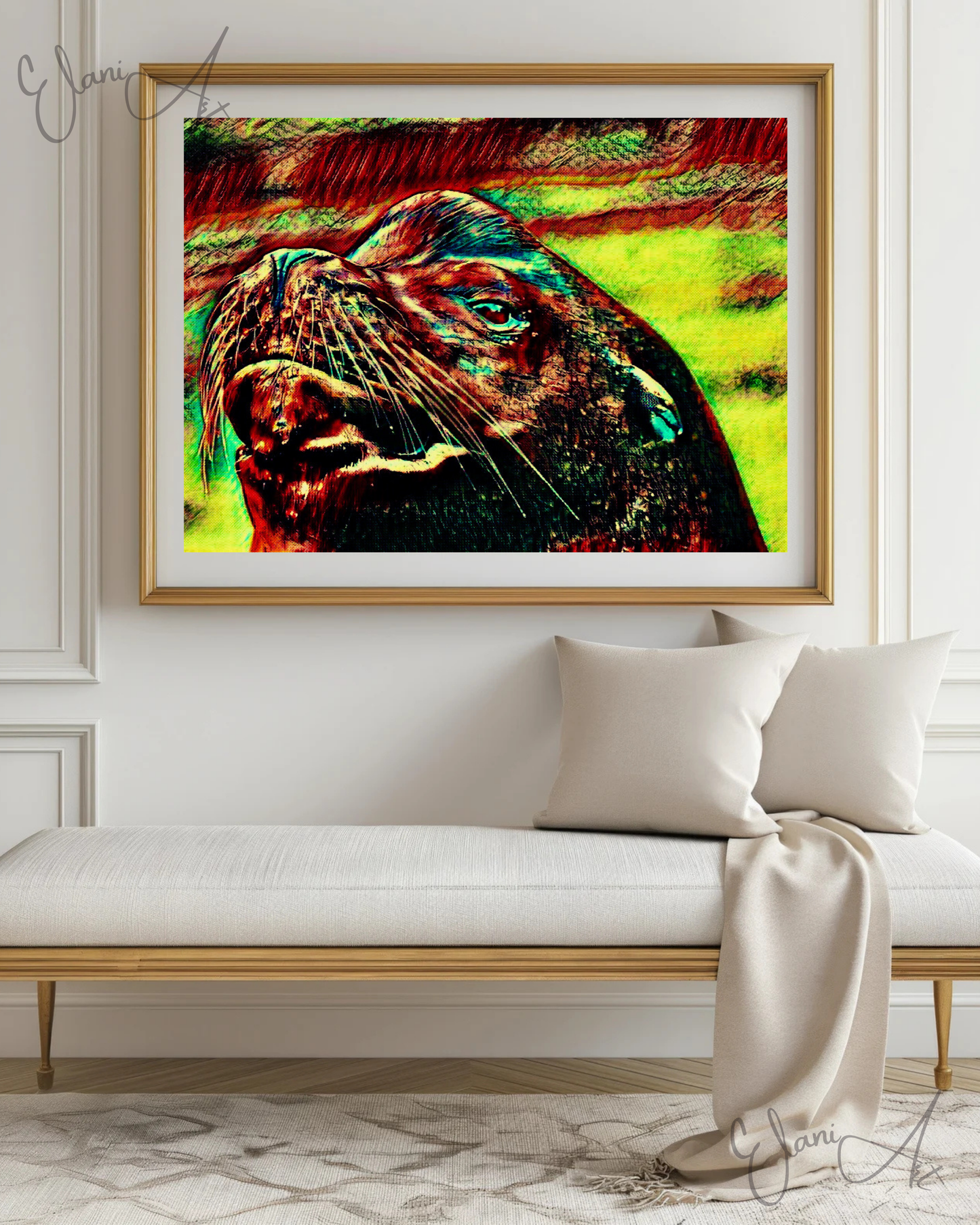 THE SEA LION - An Original Vivid Red Yellow Sea Lion Pinniped Whiskers Marine Mammal Portrait Impressionistic Wall Artwork Print by ElaniArt
