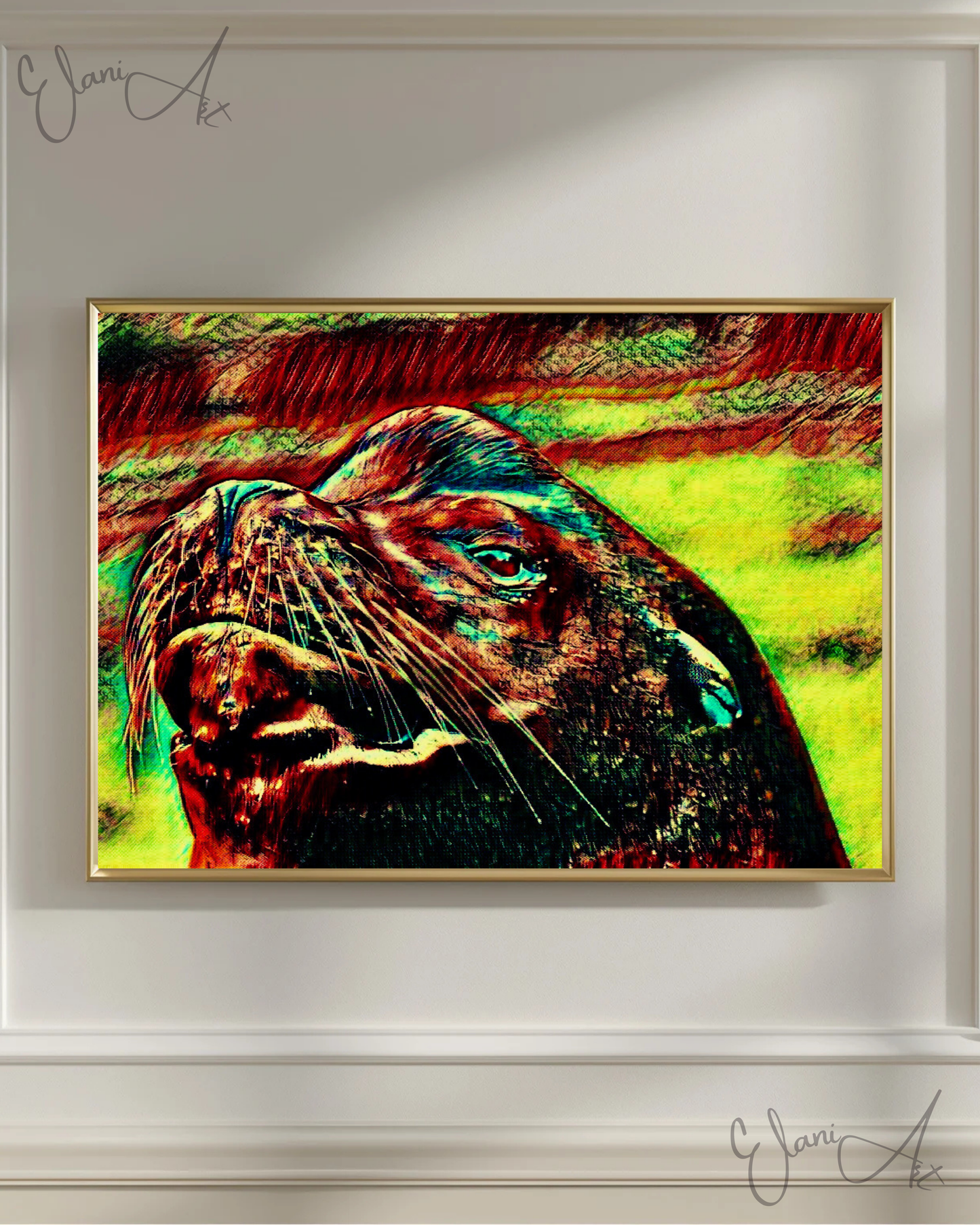 THE SEA LION - An Original Vivid Red Yellow Sea Lion Pinniped Whiskers Marine Mammal Portrait Impressionistic Wall Artwork Print by ElaniArt