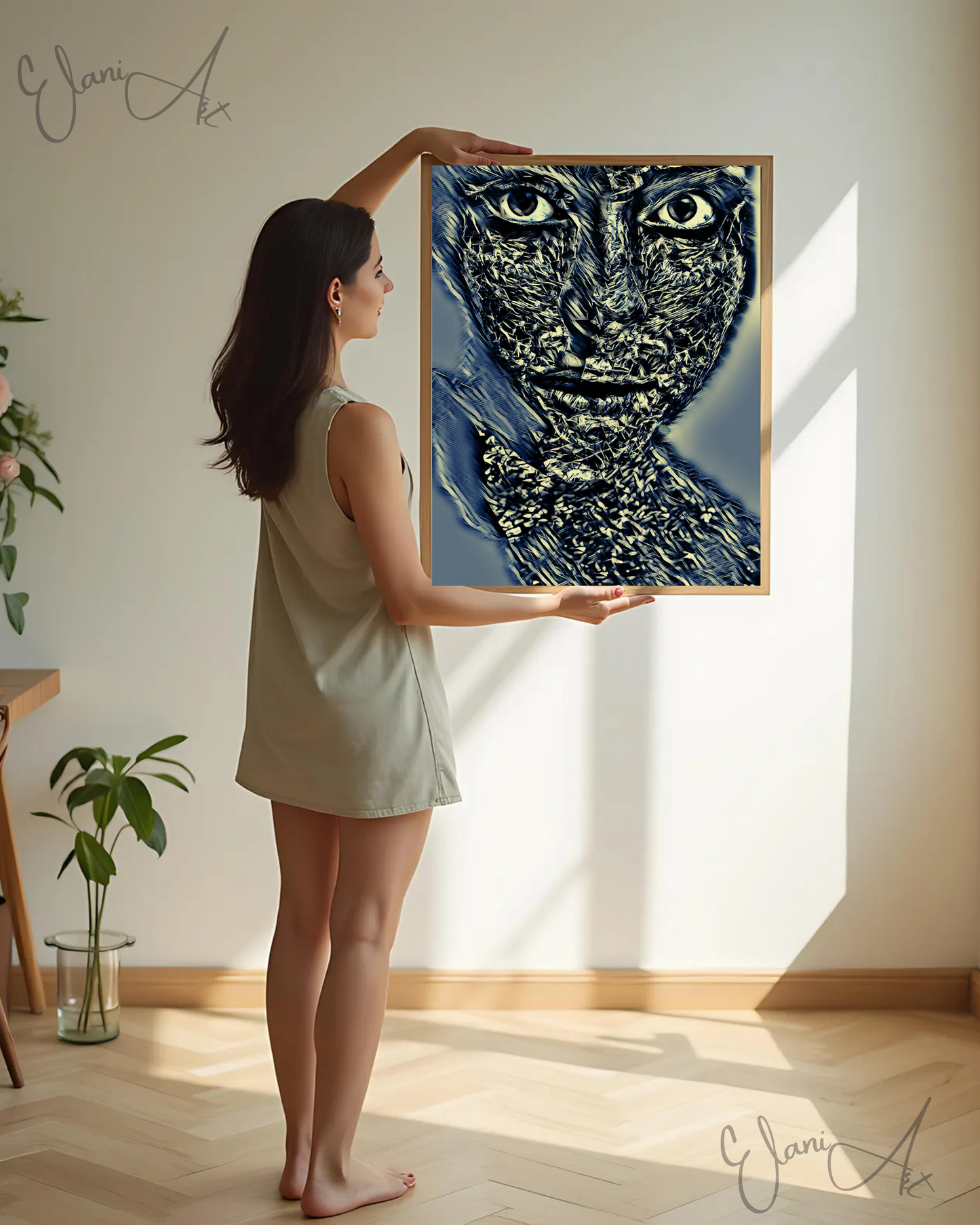 THE SILVER MIRAGE - An Original Vivid Silver Woman Face Crinkled Foil Portraiture Gray Eyes Impressionistic Wall Artwork Print by ElaniArt