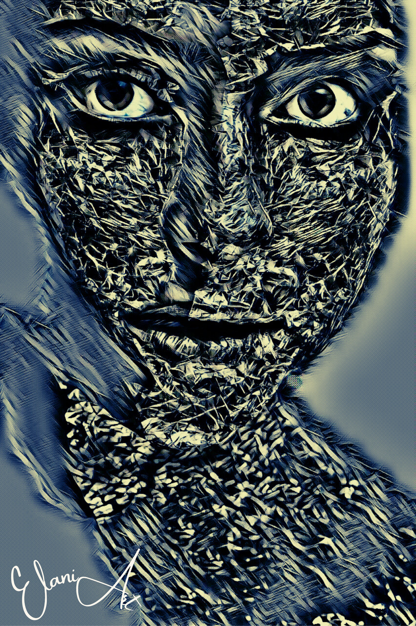 THE SILVER MIRAGE - An Original Vivid Silver Woman Face Crinkled Foil Portraiture Gray Eyes Impressionistic Wall Artwork Print by ElaniArt