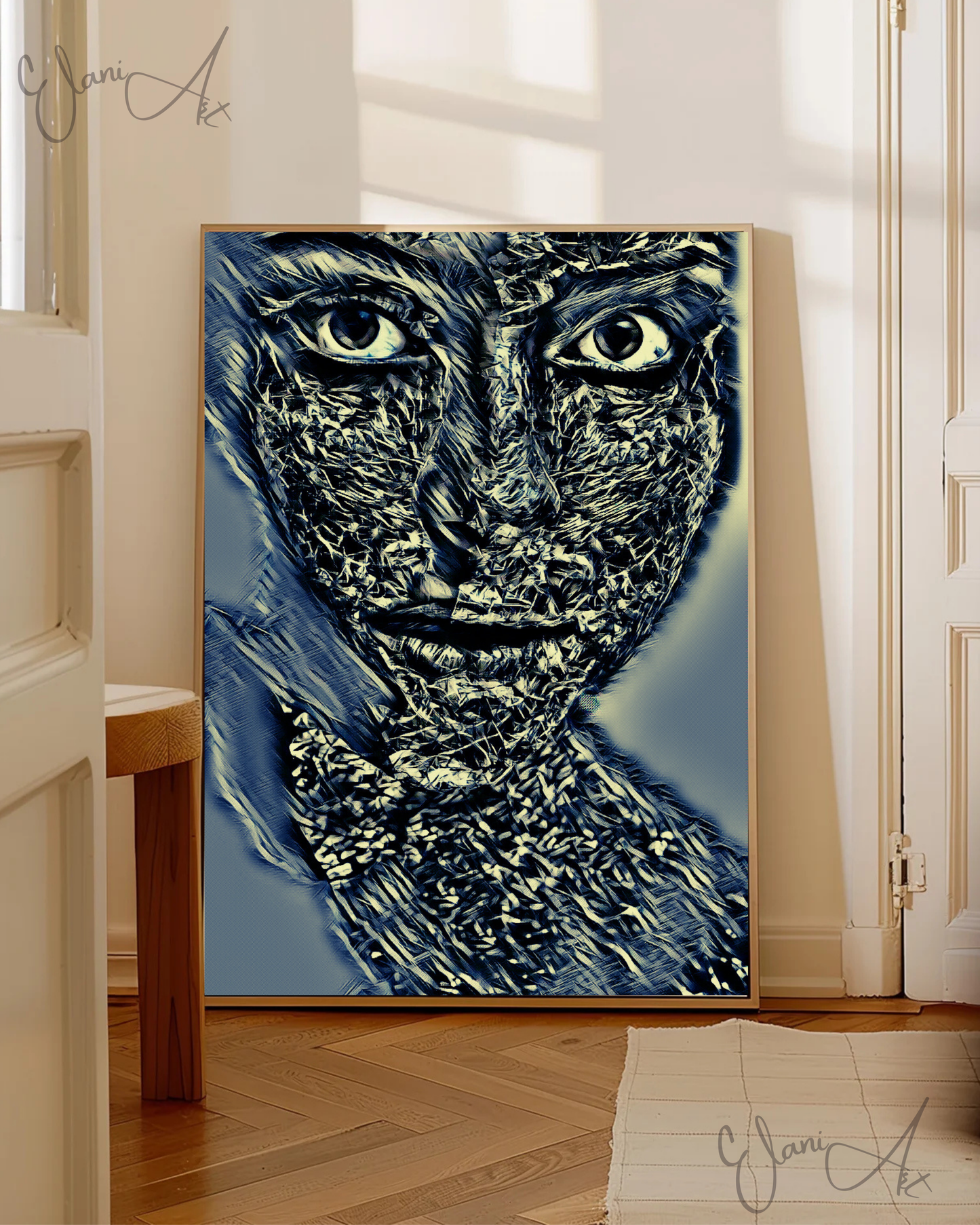 THE SILVER MIRAGE - An Original Vivid Silver Woman Face Crinkled Foil Portraiture Gray Eyes Impressionistic Wall Artwork Print by ElaniArt