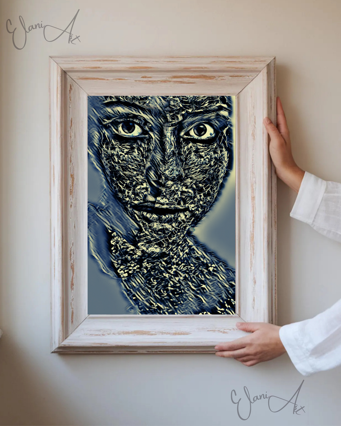 THE SILVER MIRAGE - An Original Vivid Silver Woman Face Crinkled Foil Portraiture Gray Eyes Impressionistic Wall Artwork Print by ElaniArt