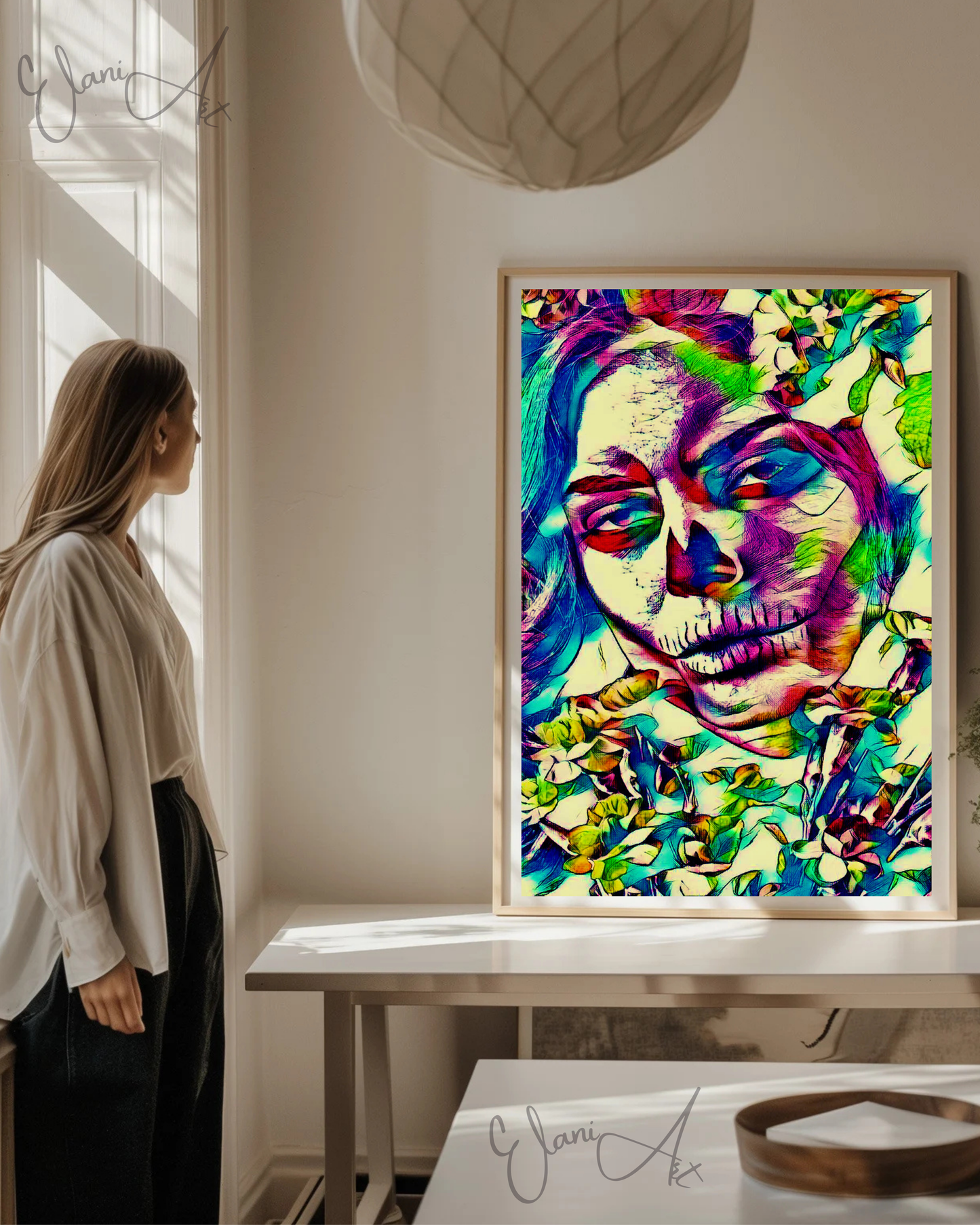 THE SLEEPLESS NIGHT - An Original Vibrant Pink Day of the Dead Woman Floral Stitched Mouth Impressionistic Wall Artwork Print by ElaniArt