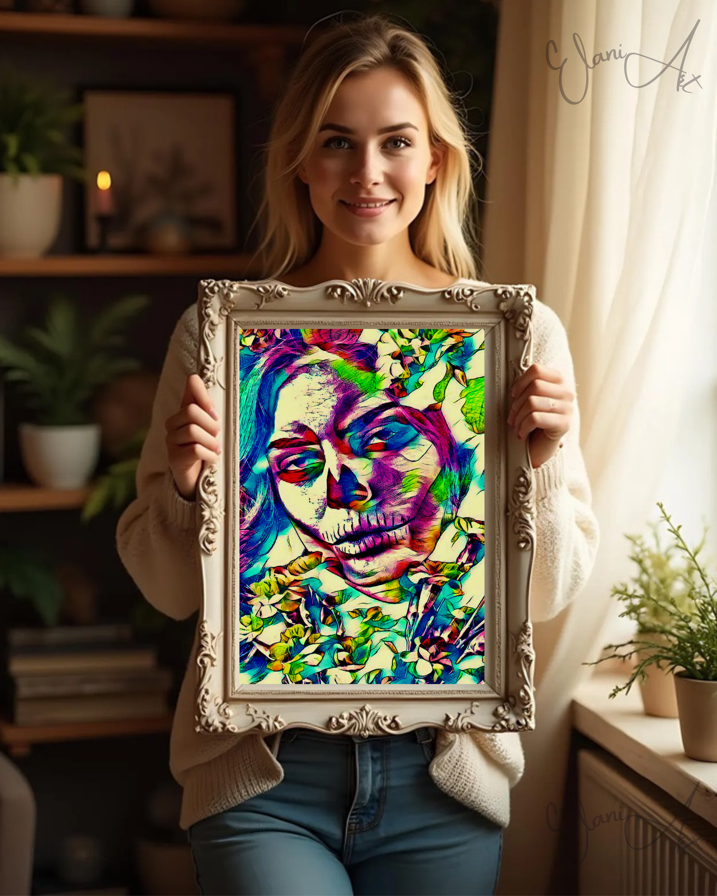 THE SLEEPLESS NIGHT - An Original Vibrant Pink Day of the Dead Woman Floral Stitched Mouth Impressionistic Wall Artwork Print by ElaniArt