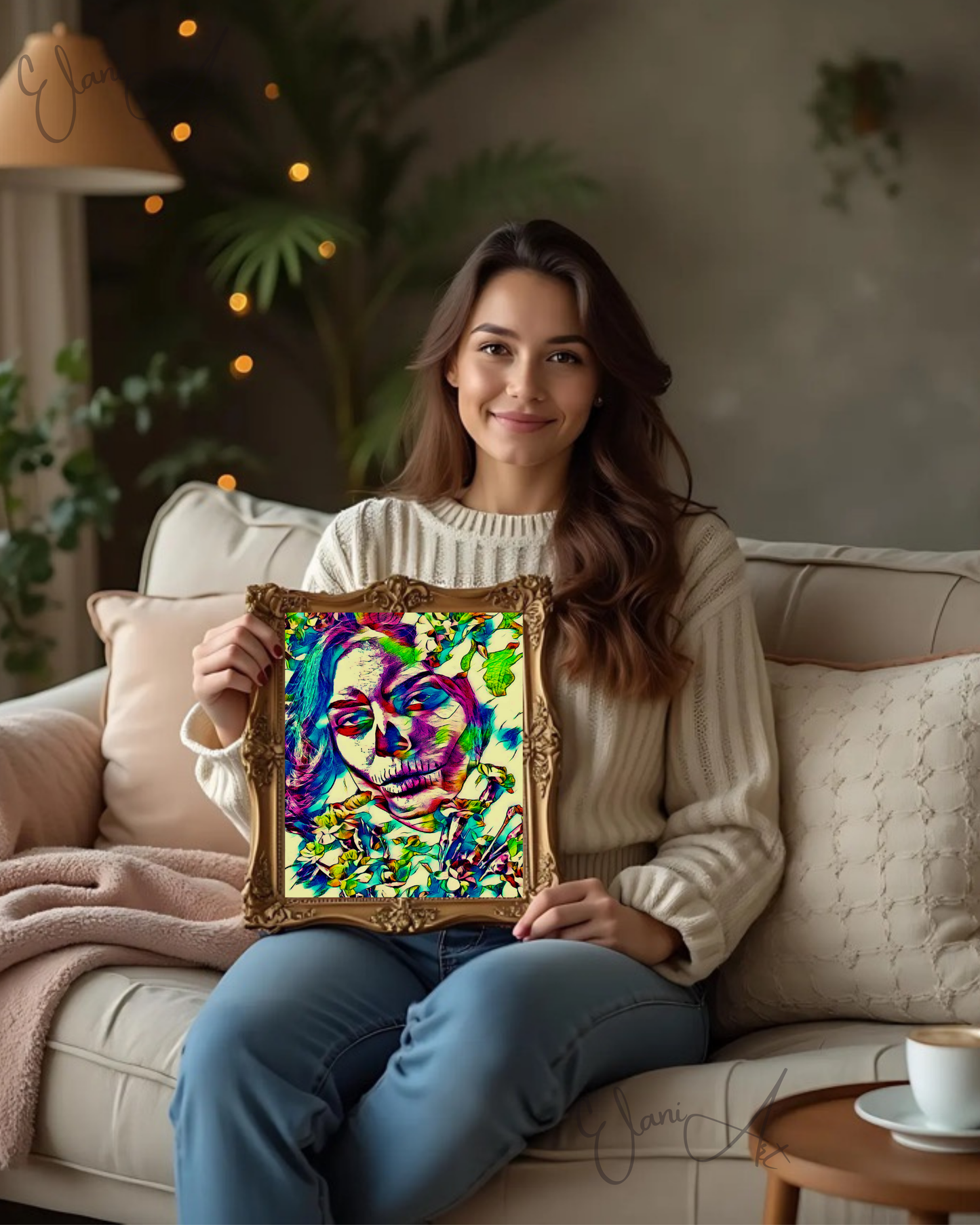 THE SLEEPLESS NIGHT - An Original Vibrant Pink Day of the Dead Woman Floral Stitched Mouth Impressionistic Wall Artwork Print by ElaniArt