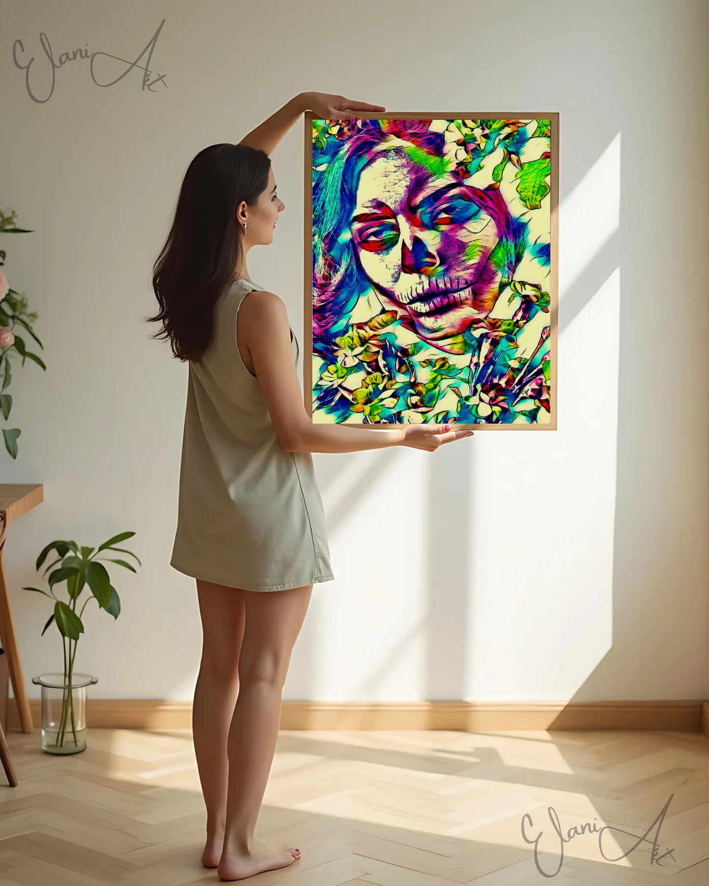 THE SLEEPLESS NIGHT - An Original Vibrant Pink Day of the Dead Woman Floral Stitched Mouth Impressionistic Wall Artwork Print by ElaniArt