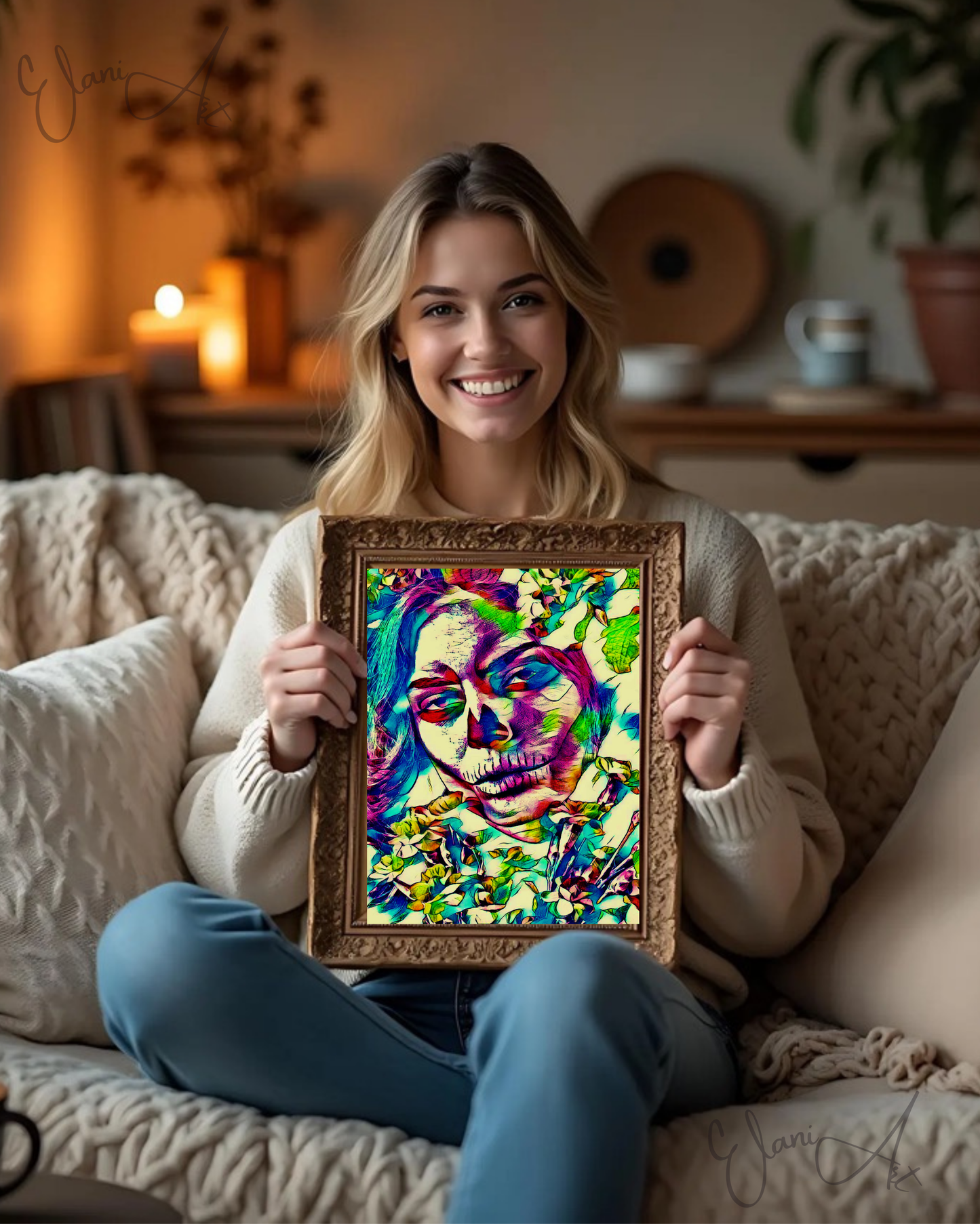 THE SLEEPLESS NIGHT - An Original Vibrant Pink Day of the Dead Woman Floral Stitched Mouth Impressionistic Wall Artwork Print by ElaniArt