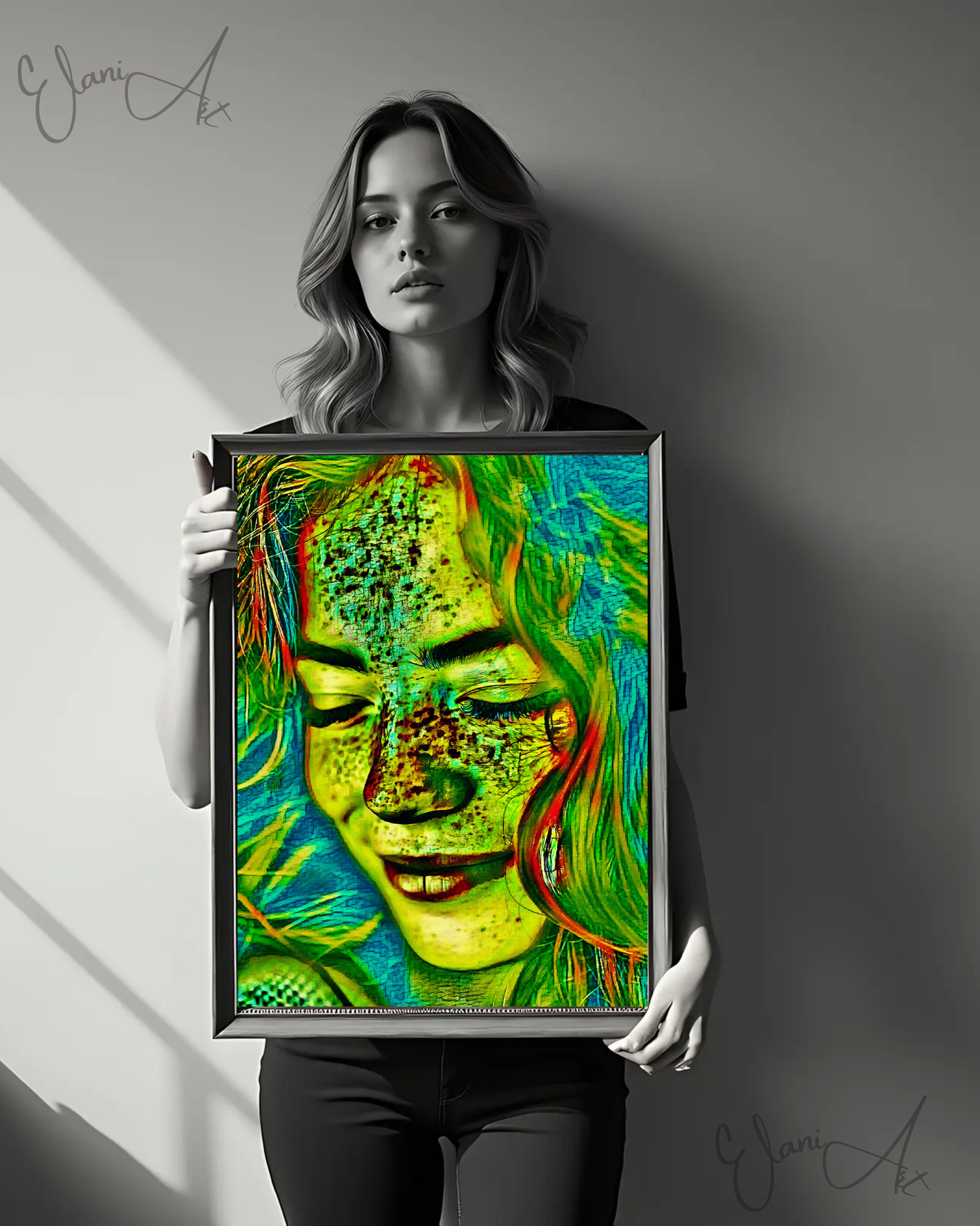 THE SMILE - An Original Vibrant Green Blue Red-Haired Woman Smiling Eyes Closed Freckles Impressionistic Wall Artwork Print by ElaniArt