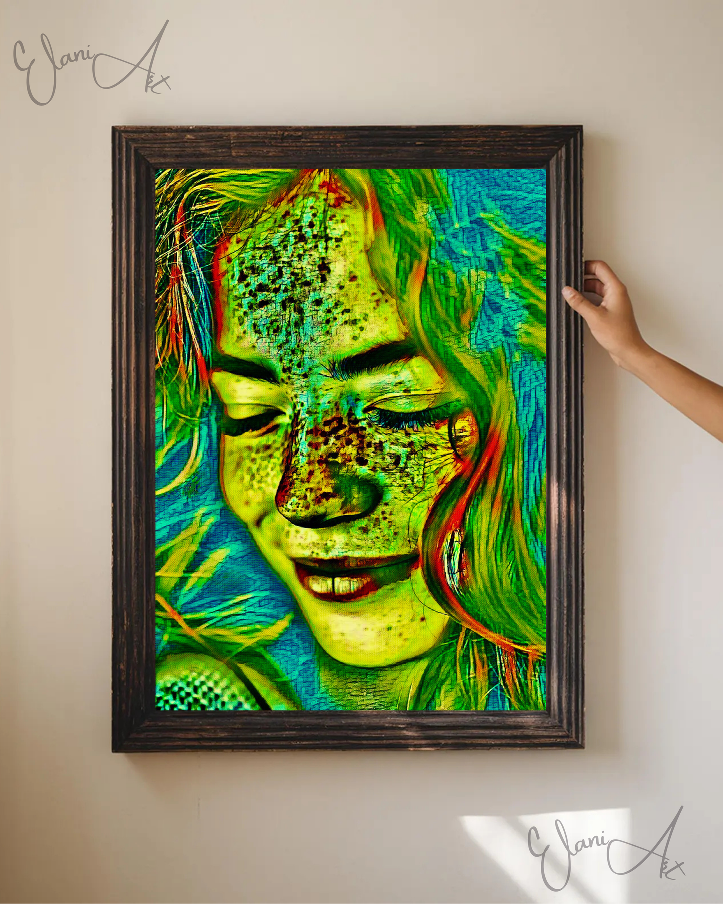THE SMILE - An Original Vibrant Green Blue Red-Haired Woman Smiling Eyes Closed Freckles Impressionistic Wall Artwork Print by ElaniArt