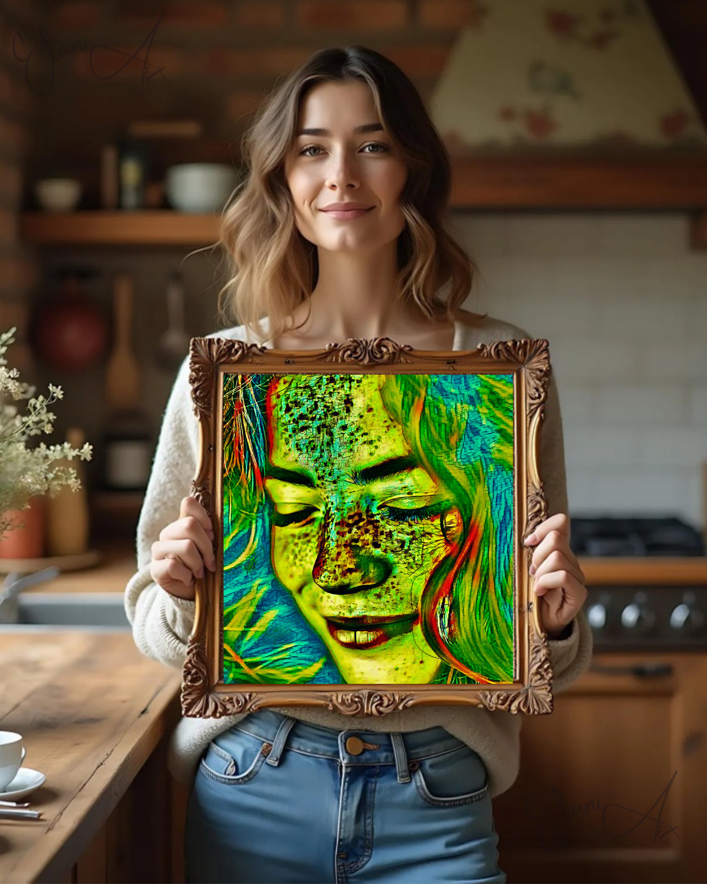 THE SMILE - An Original Vibrant Green Blue Red-Haired Woman Smiling Eyes Closed Freckles Impressionistic Wall Artwork Print by ElaniArt