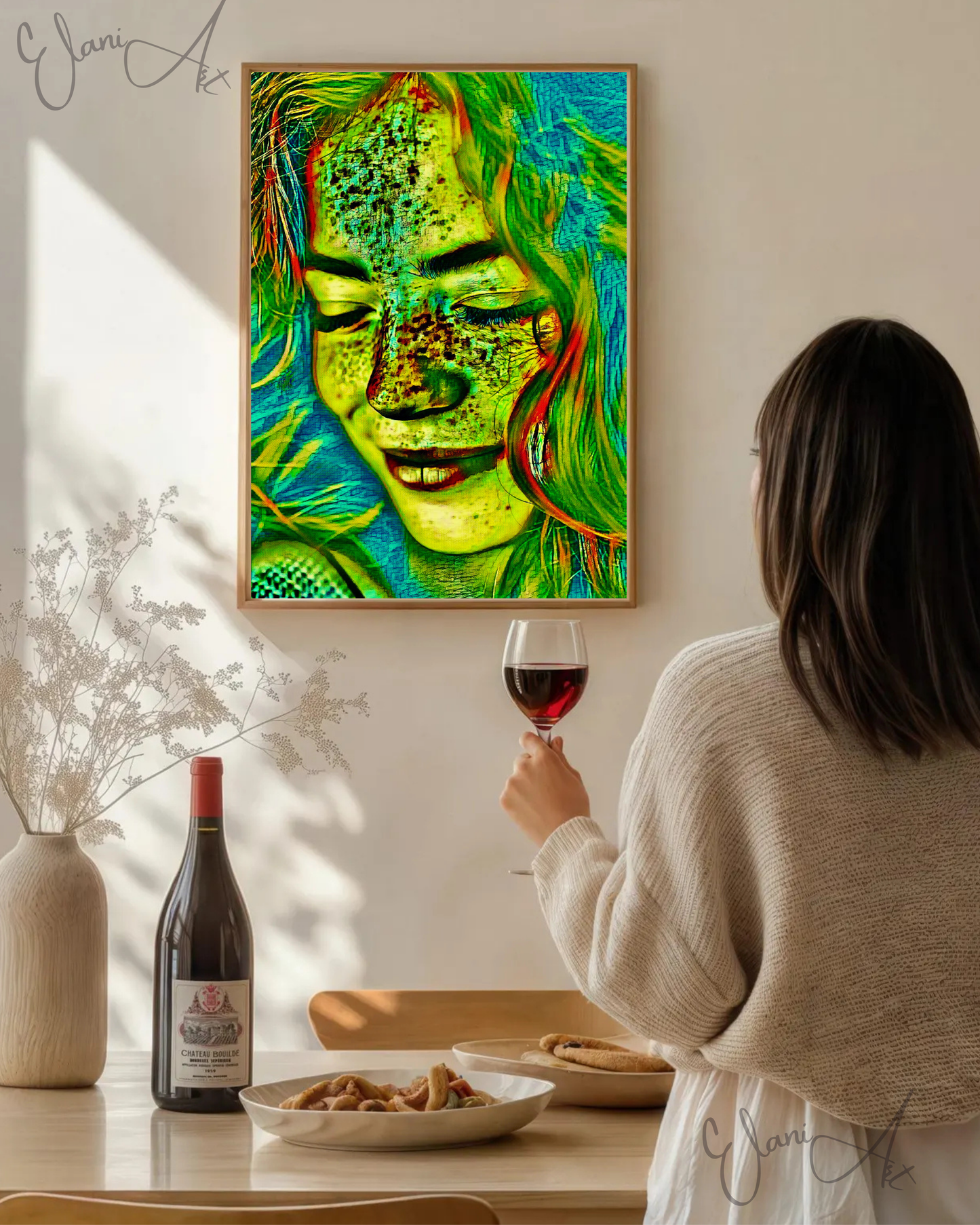 THE SMILE - An Original Vibrant Green Blue Red-Haired Woman Smiling Eyes Closed Freckles Impressionistic Wall Artwork Print by ElaniArt