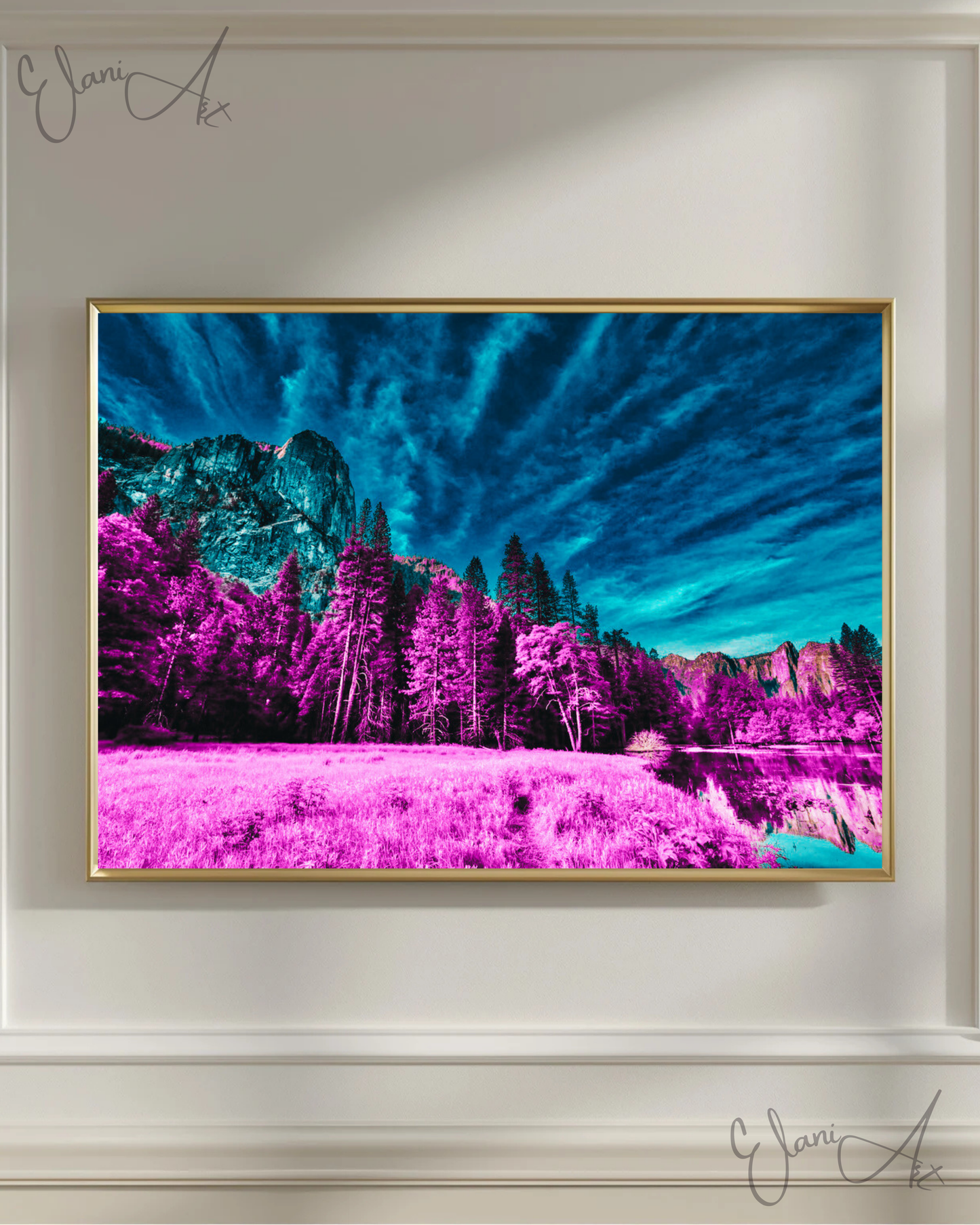 THE UNDERSTATED - An Original Vibrant Magenta Forest Under Teal Blue Sky Impressionistic Mountains Landscape Wall Artwork Print by ElaniArt