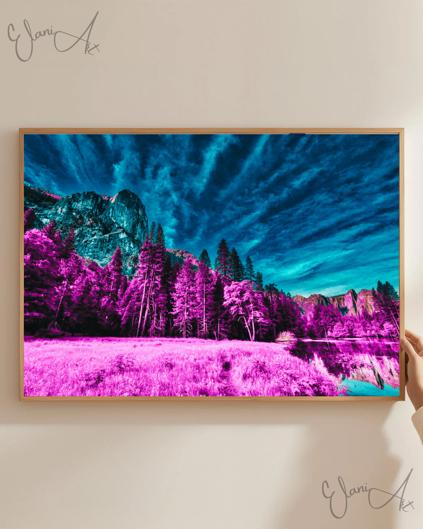 THE UNDERSTATED - An Original Vibrant Magenta Forest Under Teal Blue Sky Impressionistic Mountains Landscape Wall Artwork Print by ElaniArt