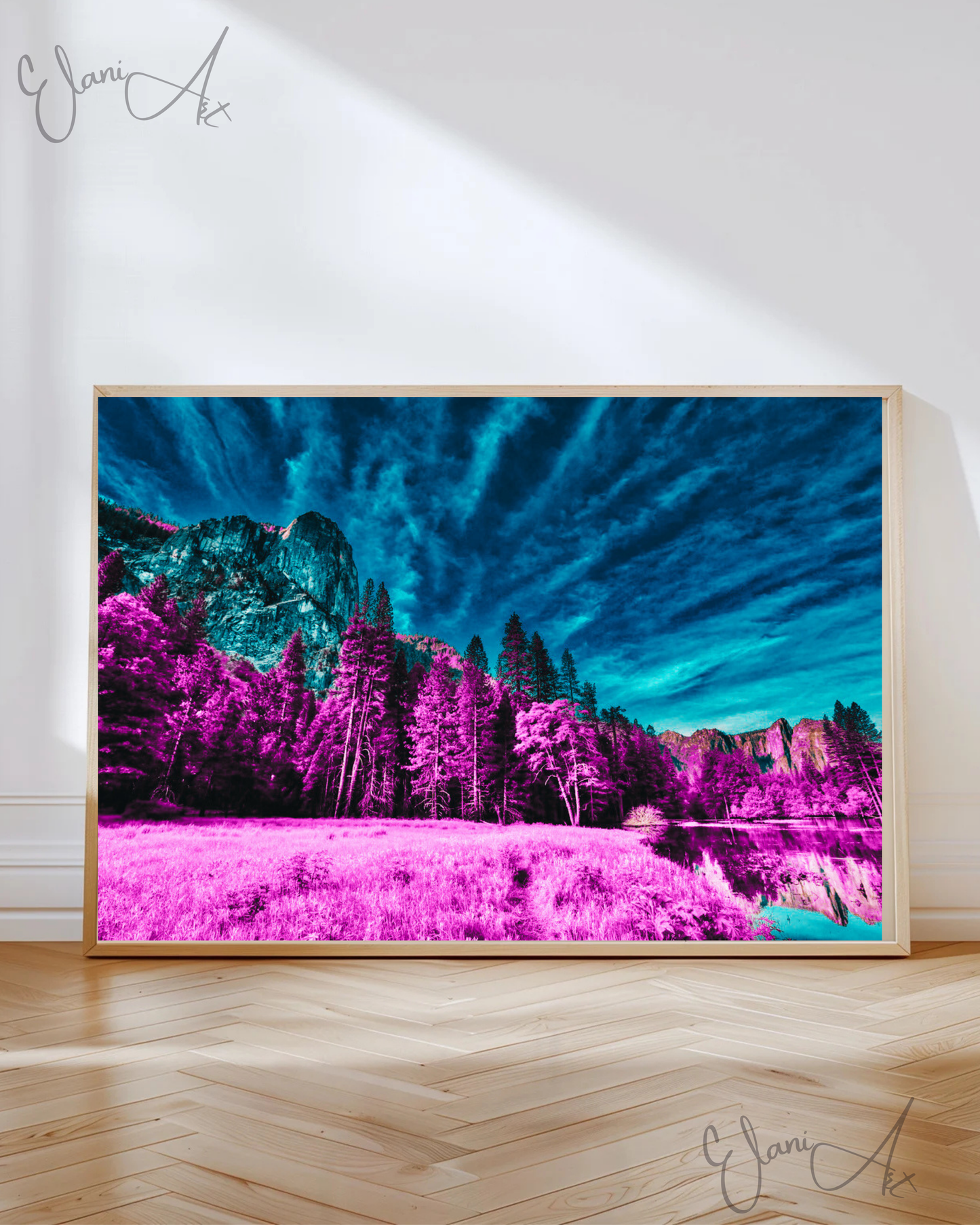 THE UNDERSTATED - An Original Vibrant Magenta Forest Under Teal Blue Sky Impressionistic Mountains Landscape Wall Artwork Print by ElaniArt
