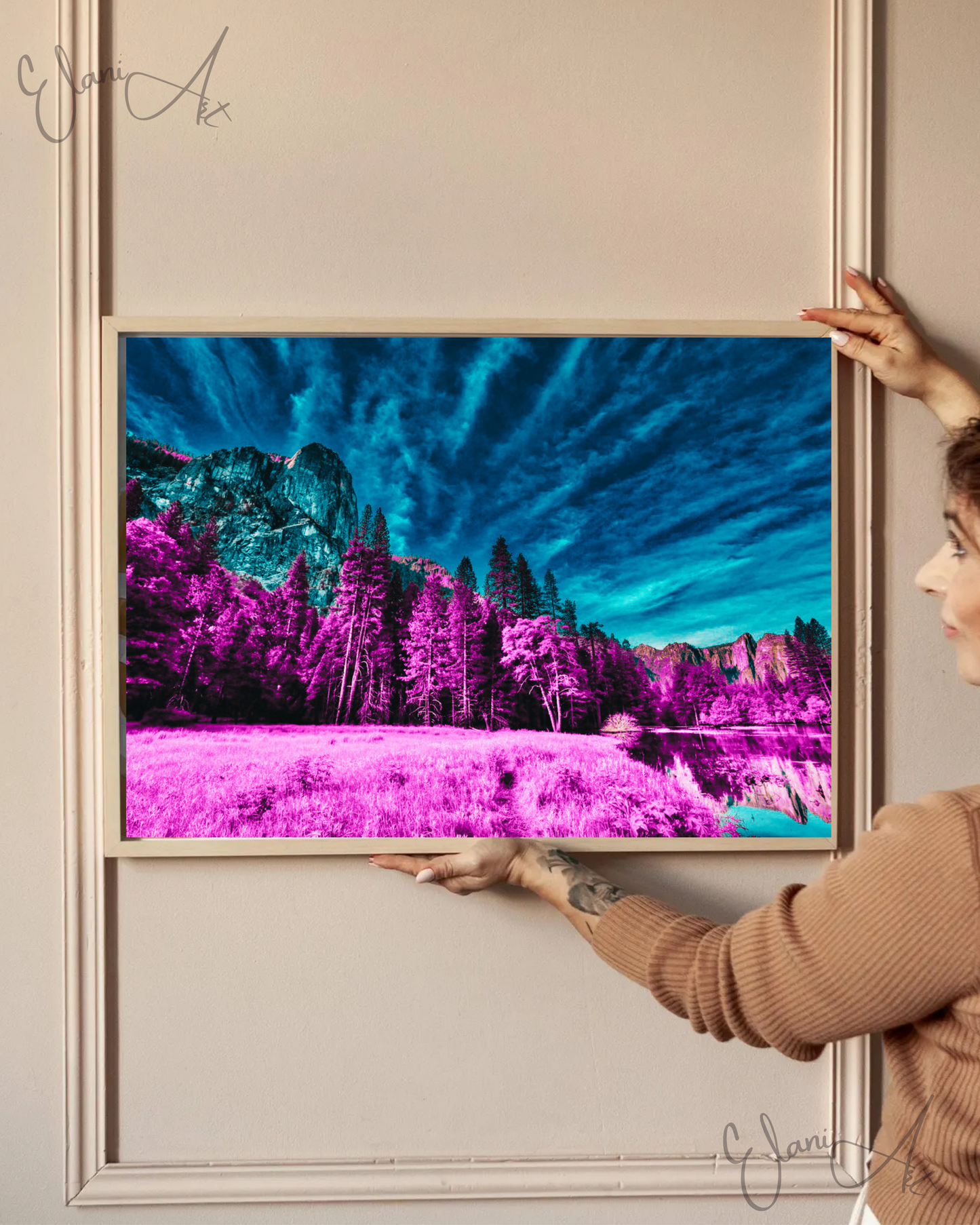 THE UNDERSTATED - An Original Vibrant Magenta Forest Under Teal Blue Sky Impressionistic Mountains Landscape Wall Artwork Print by ElaniArt
