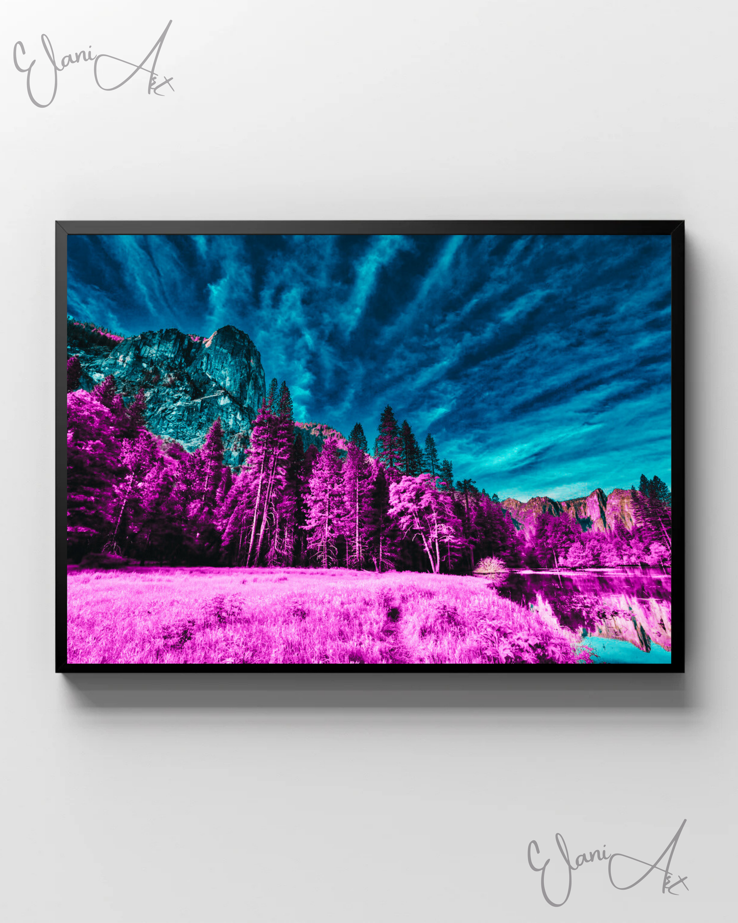 THE UNDERSTATED - An Original Vibrant Magenta Forest Under Teal Blue Sky Impressionistic Mountains Landscape Wall Artwork Print by ElaniArt