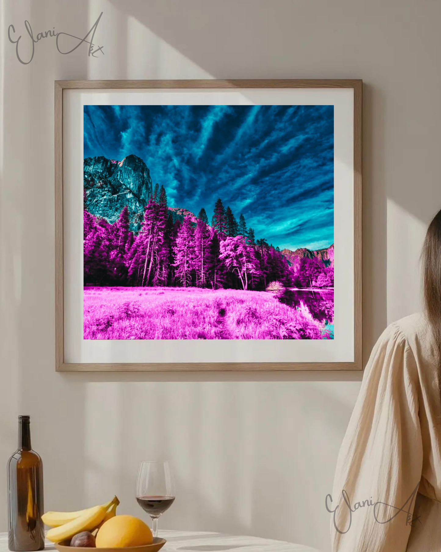 THE UNDERSTATED - An Original Vibrant Magenta Forest Under Teal Blue Sky Impressionistic Mountains Landscape Wall Artwork Print by ElaniArt
