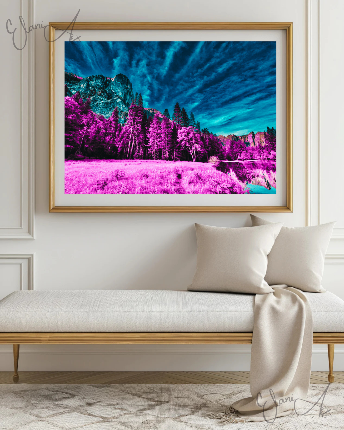 THE UNDERSTATED - An Original Vibrant Magenta Forest Under Teal Blue Sky Impressionistic Mountains Landscape Wall Artwork Print by ElaniArt