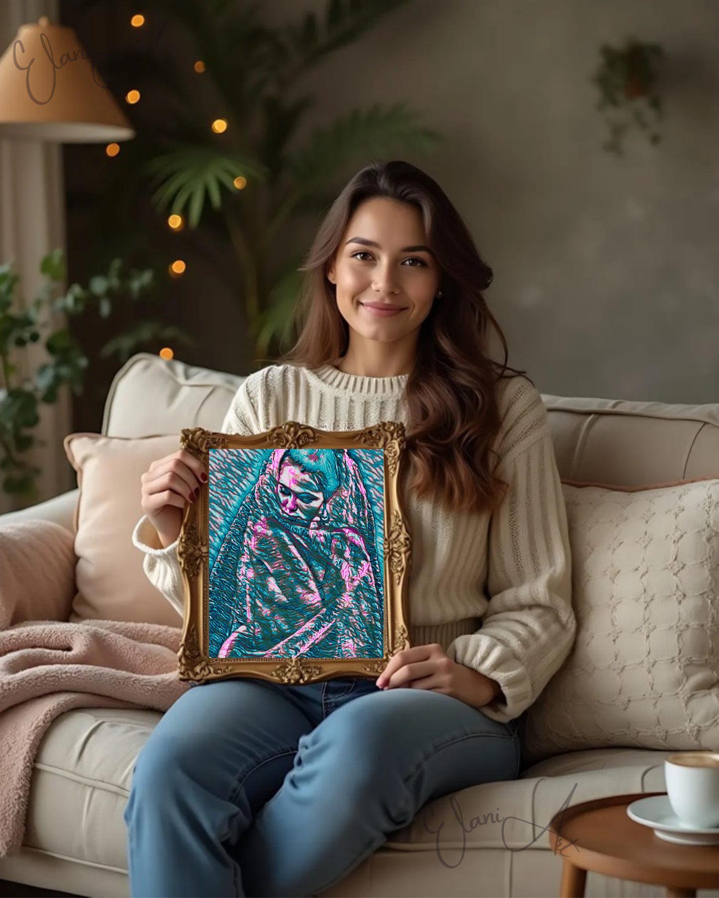 THE VEILED WOMAN - An Original Vibrant Teal Pink Colorful Woman w/ Veil Portrait Looking Downward Impressionistic Artwork Print by ElaniArt