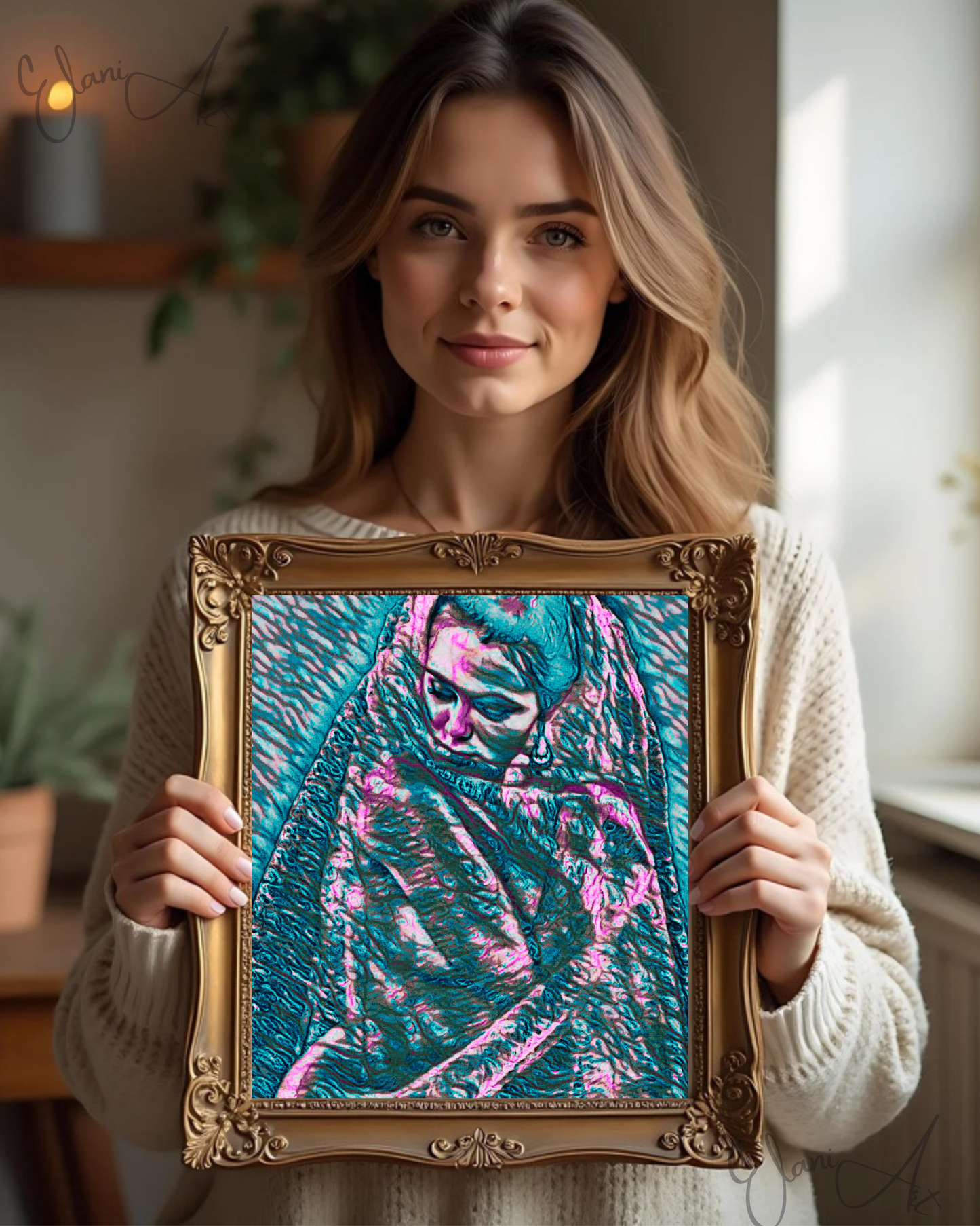 THE VEILED WOMAN - An Original Vibrant Teal Pink Colorful Woman w/ Veil Portrait Looking Downward Impressionistic Artwork Print by ElaniArt