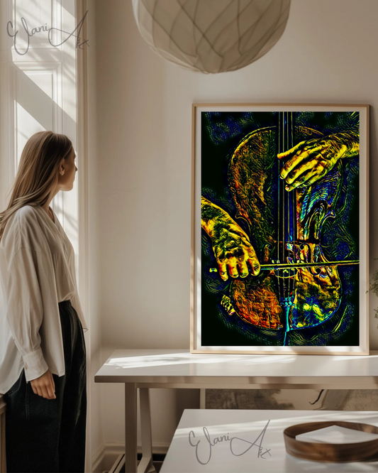 THE VIOLINIST - An Original Vivid Man's Hands Playing a Violin Musician String Instrument Impressionistic Wall Artwork Print by ElaniArt