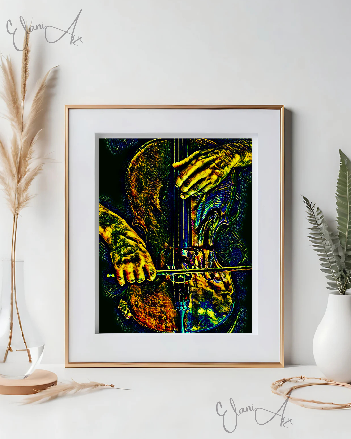 THE VIOLINIST - An Original Vivid Man's Hands Playing a Violin Musician String Instrument Impressionistic Wall Artwork Print by ElaniArt