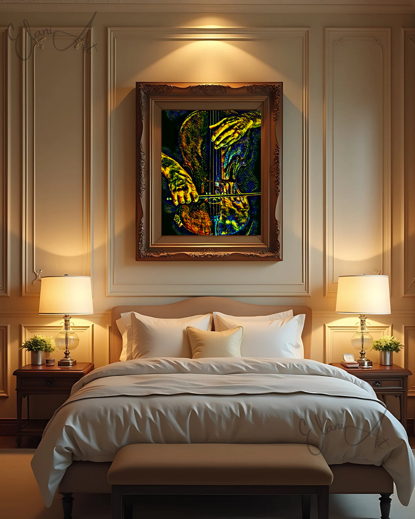 THE VIOLINIST - An Original Vivid Man's Hands Playing a Violin Musician String Instrument Impressionistic Wall Artwork Print by ElaniArt