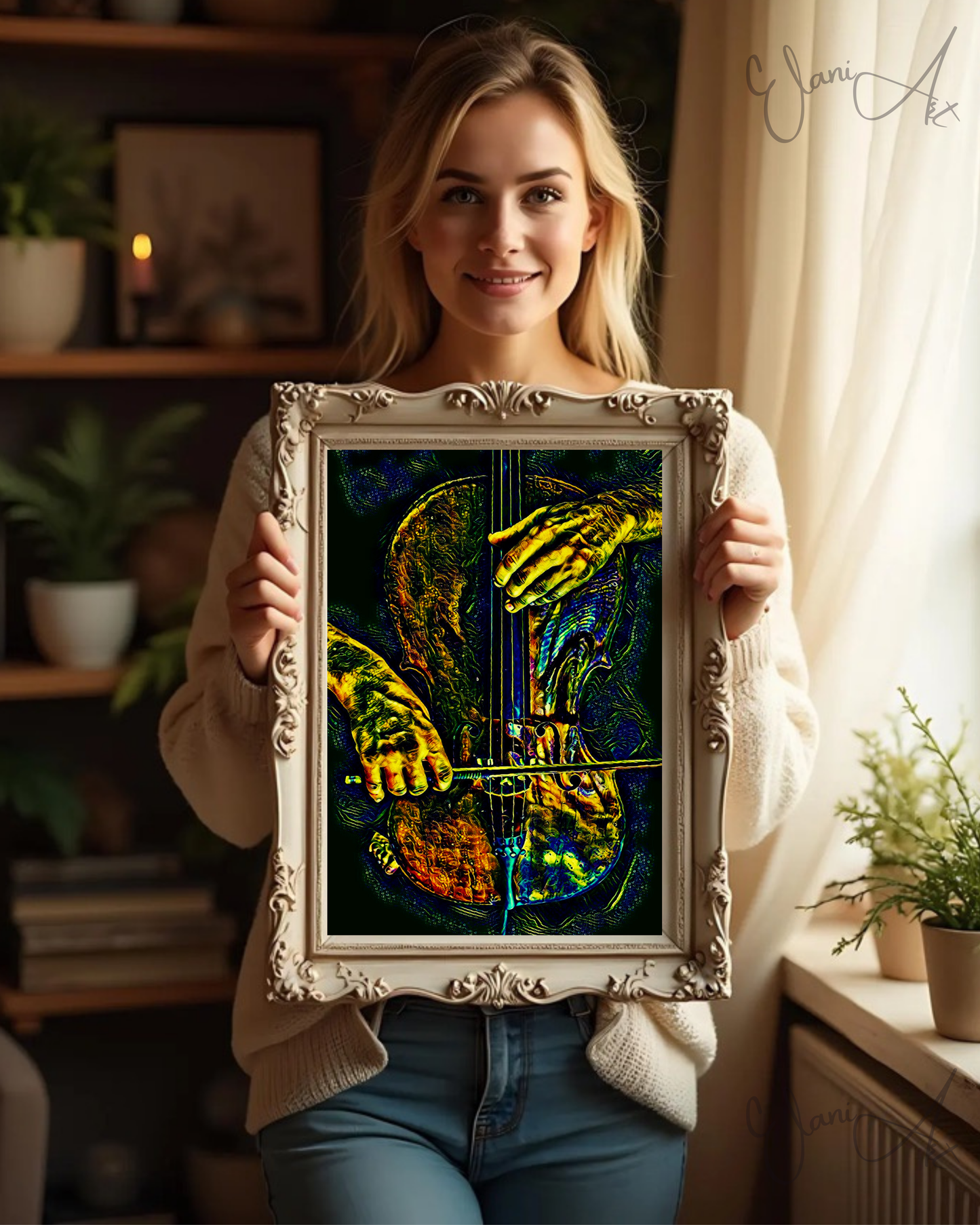 THE VIOLINIST - An Original Vivid Man's Hands Playing a Violin Musician String Instrument Impressionistic Wall Artwork Print by ElaniArt