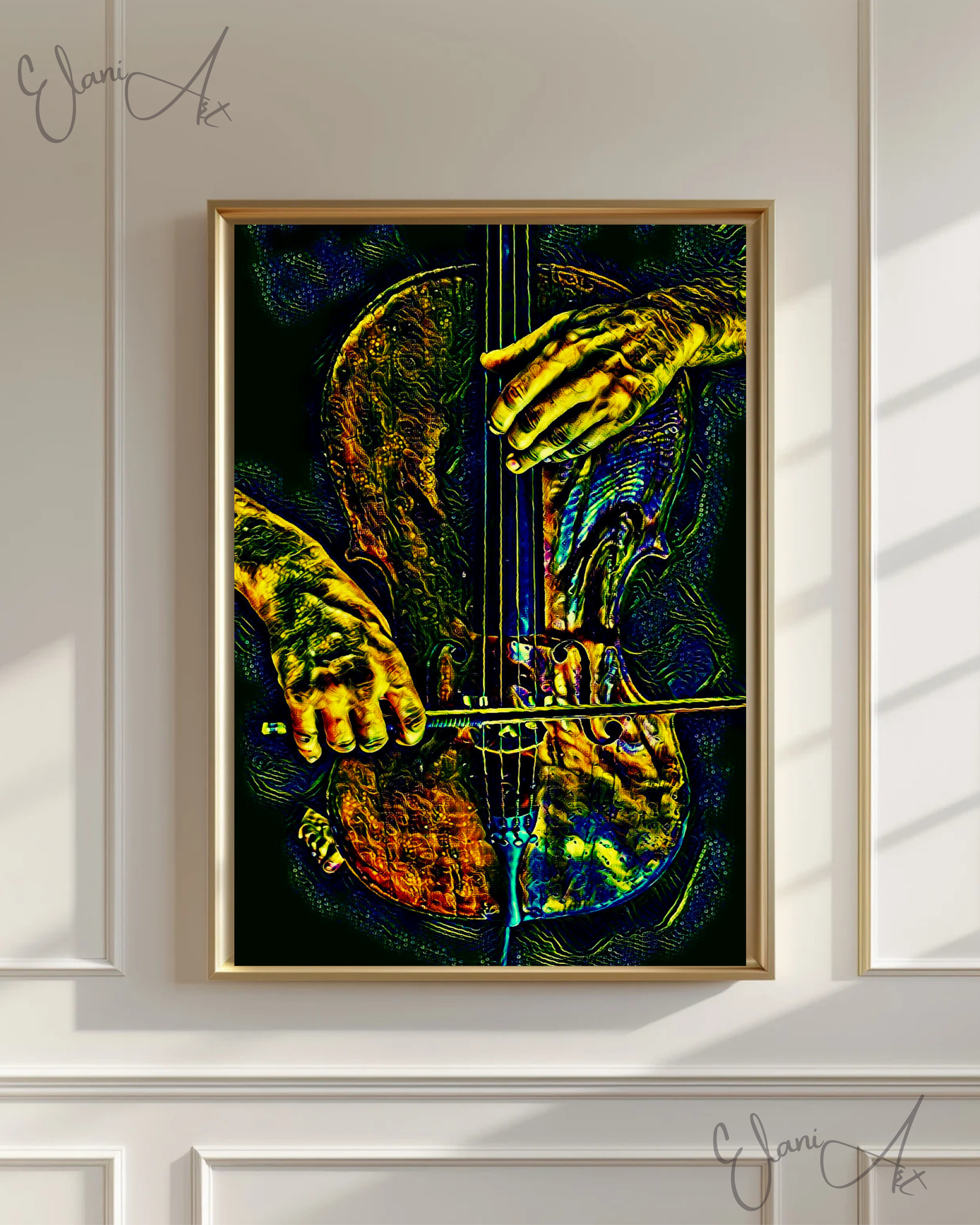 THE VIOLINIST - An Original Vivid Man's Hands Playing a Violin Musician String Instrument Impressionistic Wall Artwork Print by ElaniArt