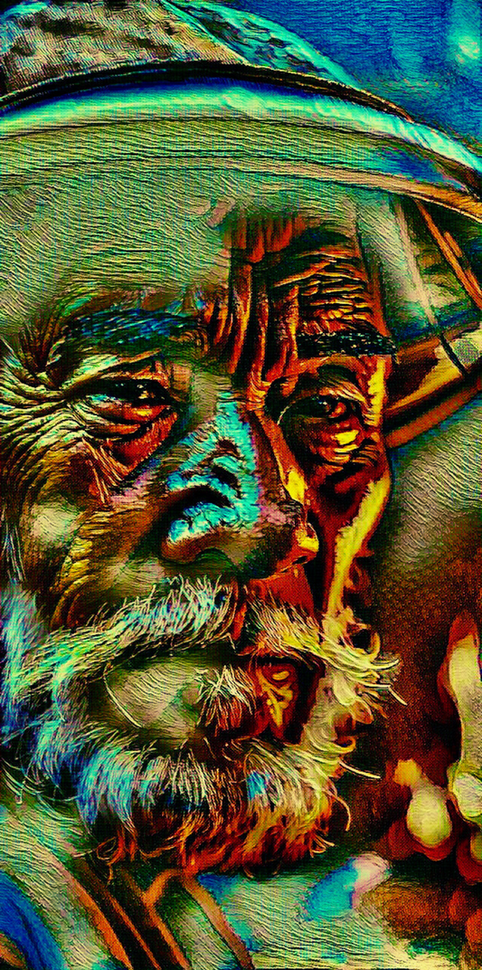 THE WONDERER - An Original Vibrant Elderly Man Portrait Beard Mustache Wrinkles Expressive Impressionistic Wall Artwork Print by ElaniArt